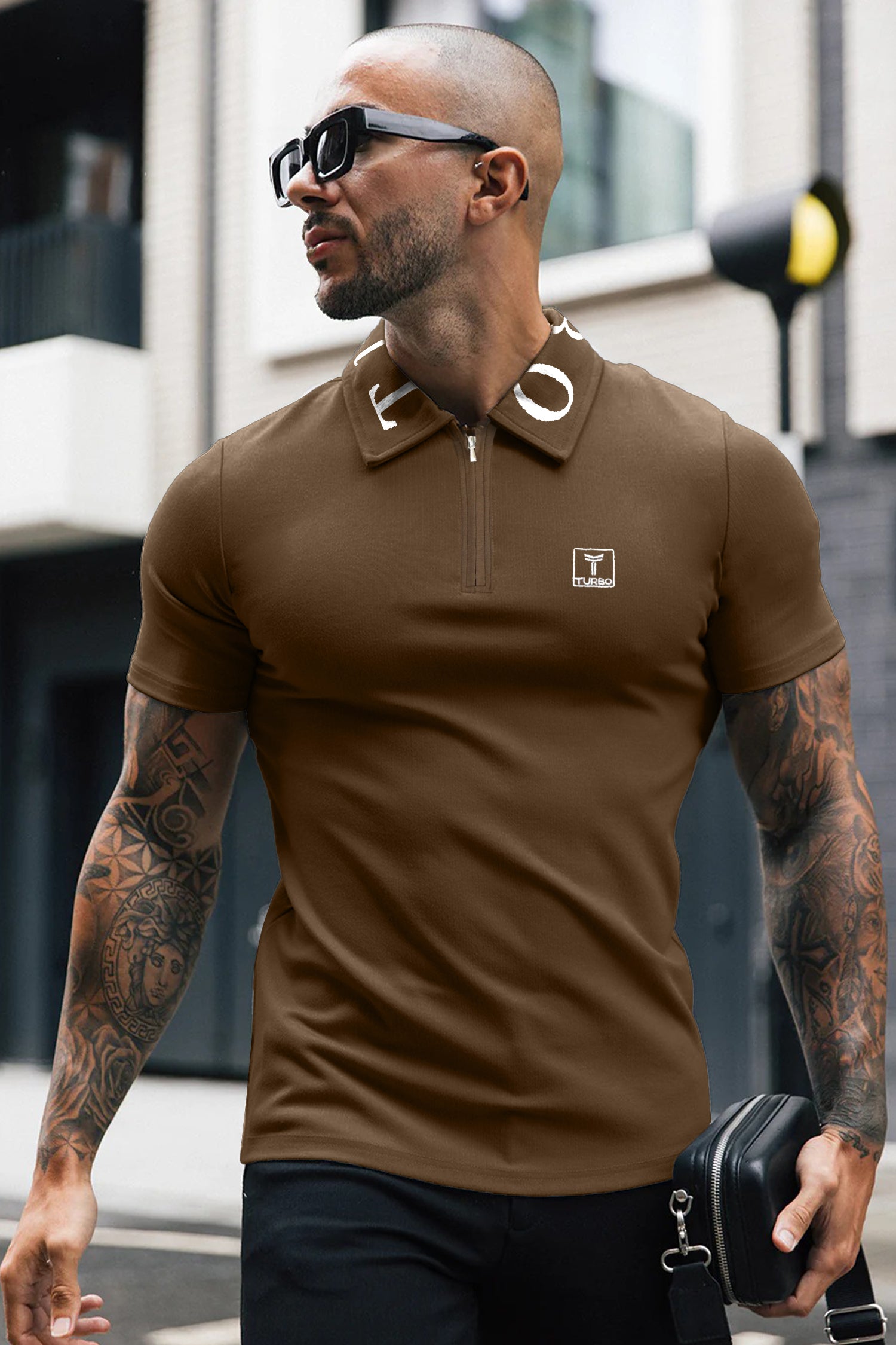 Turbo Letter Writing Zip Collar Men's Polo Shirt