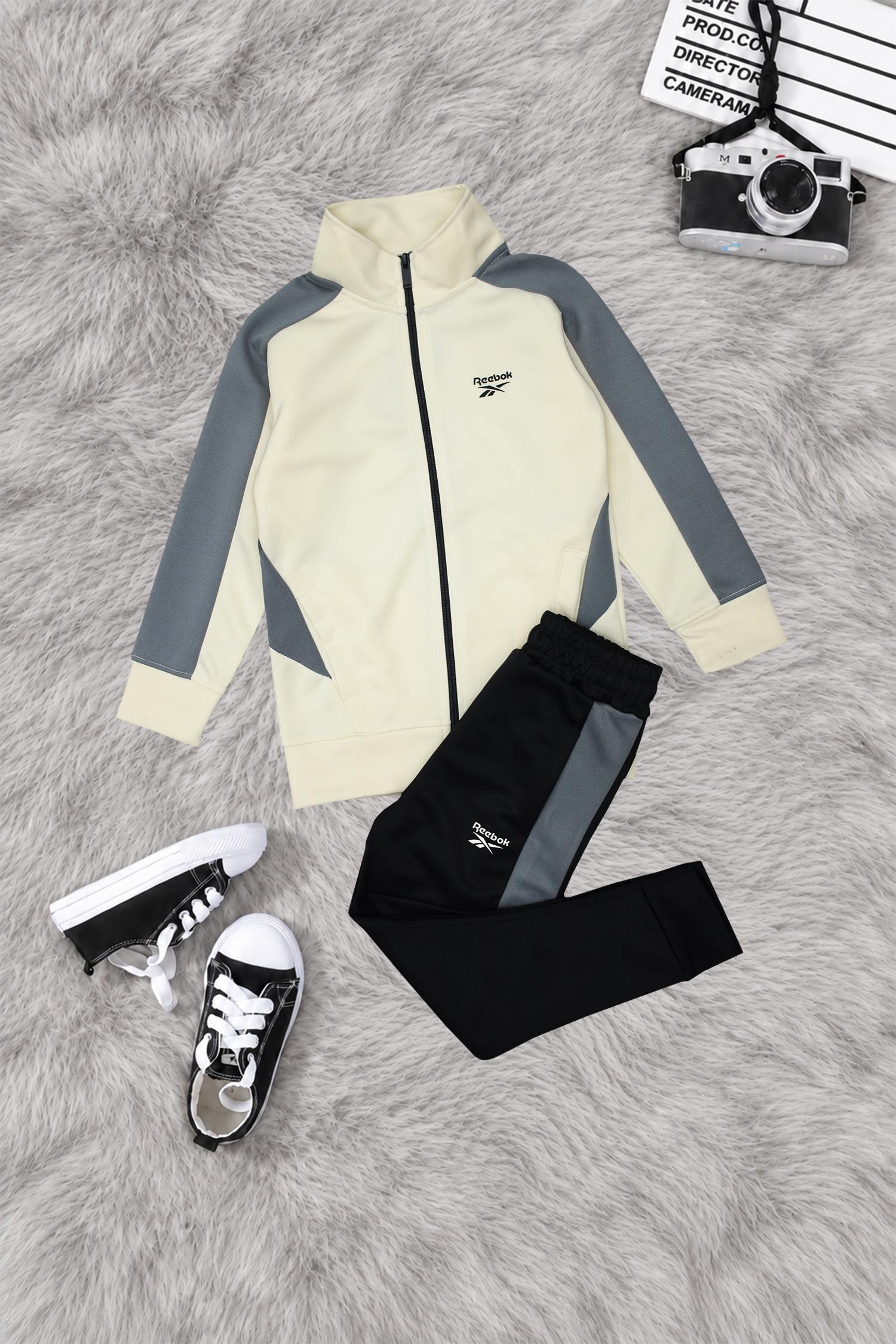 Rebok Tech-Fit Wind Breaker Zipper Kid's Co-Ord Set In Cream
