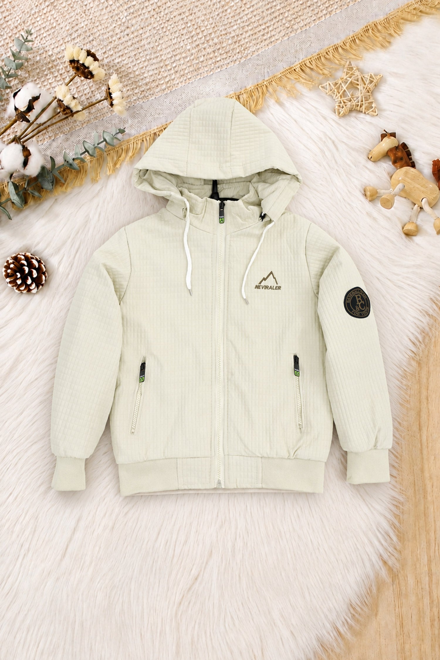Windproof Reflective Detachable Hood Imported Kid's Puffer Jacket In Cream