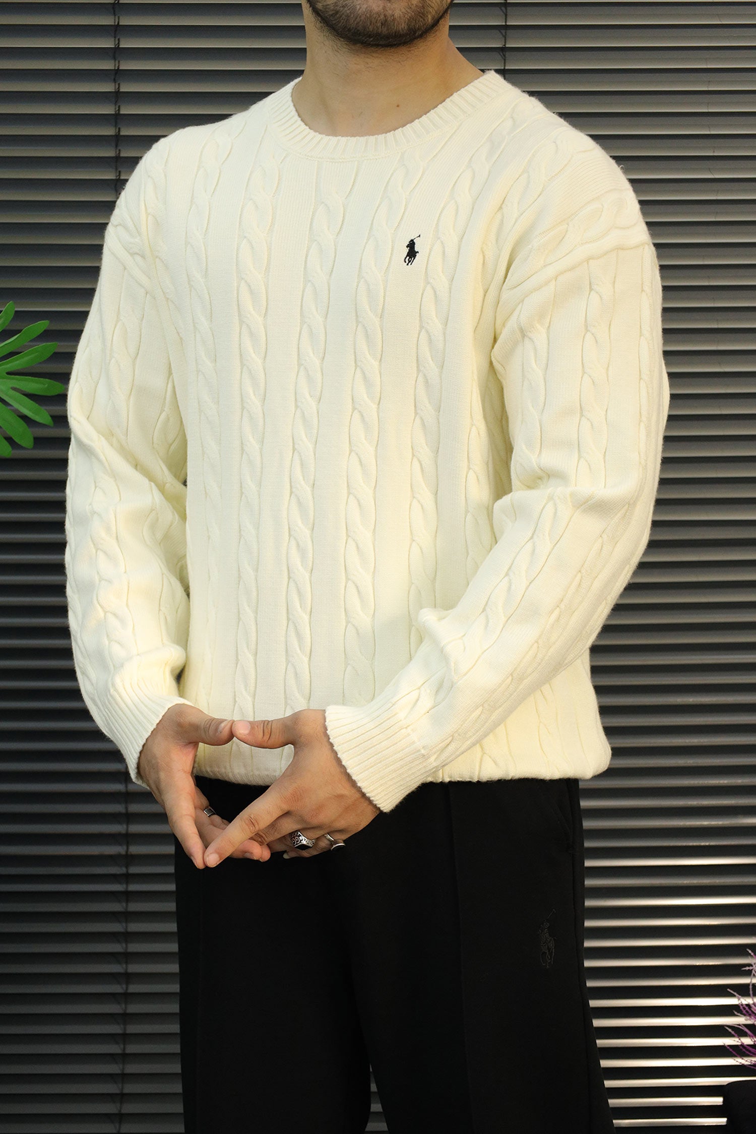 Turbo x Polo Braided Old Money Pattern Imported Men's Sweater In Cream