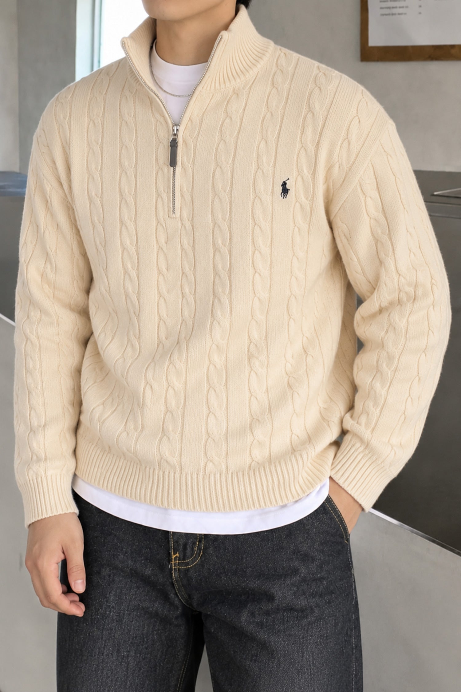 Polo Pony Half-Zip Cable Knit Texture Imported Men's Jumper Sweater In Cream