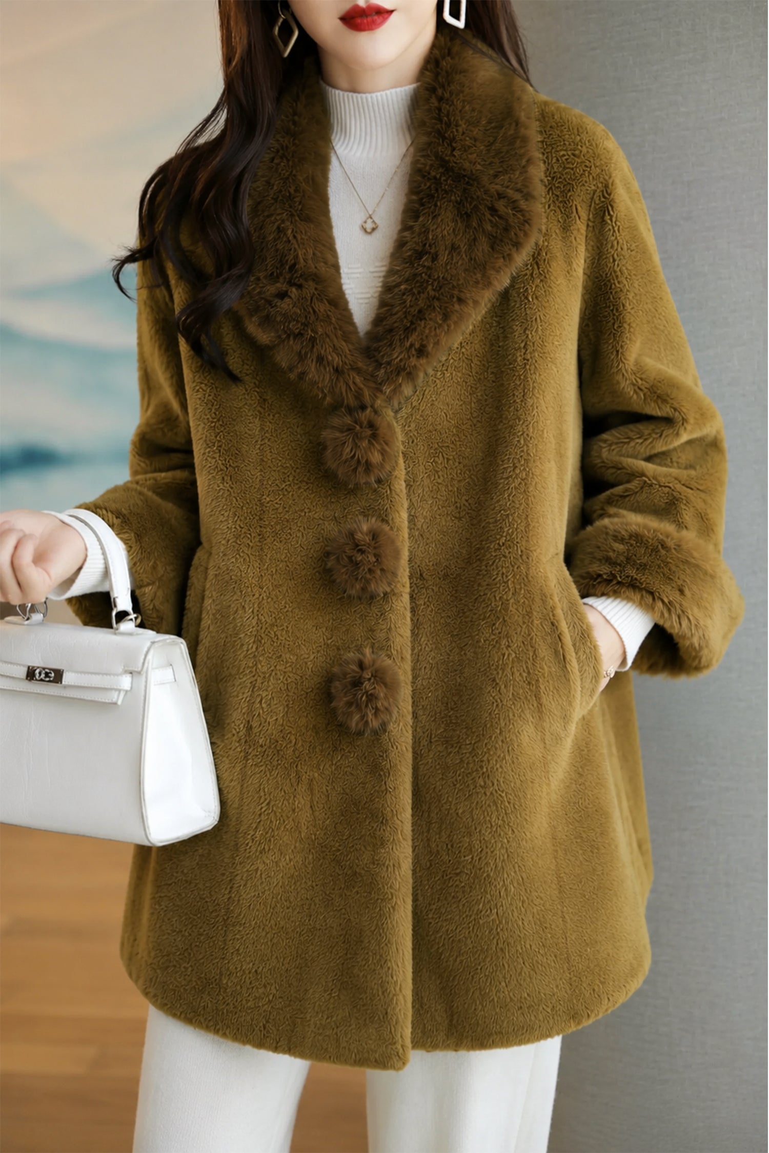 Women's Unique Spherical Buttons Imp Wool Long Coat In Coffee Brown