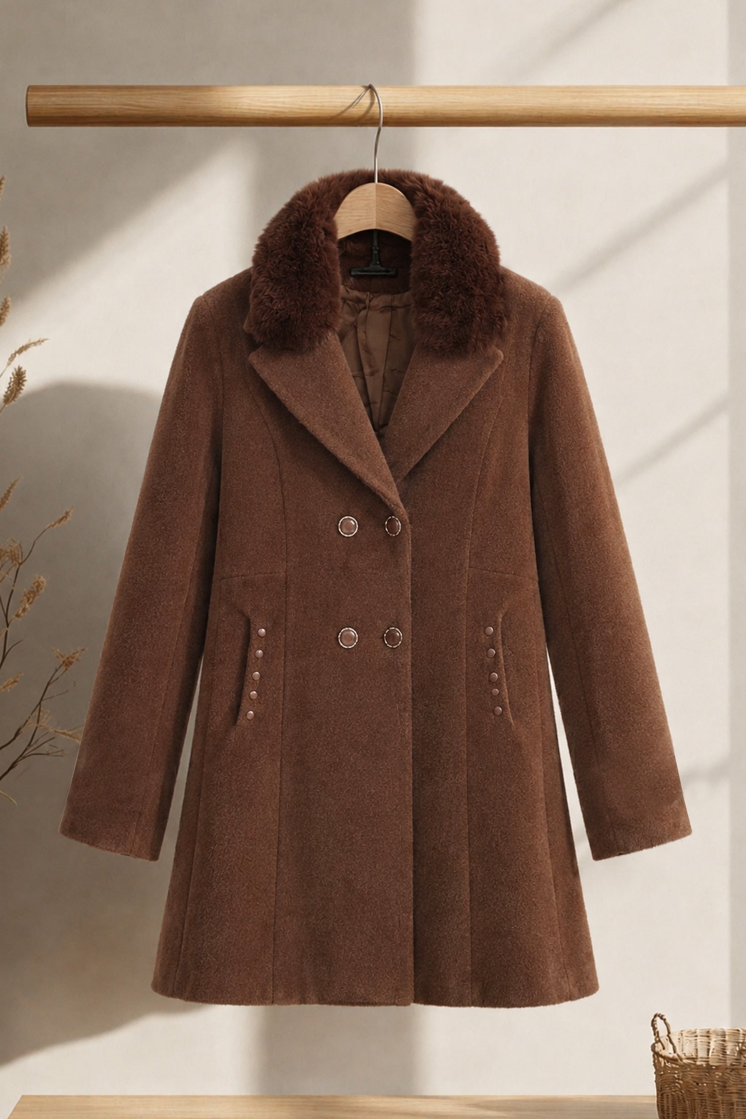 Women's Double-Breasted Design Imp Wool Long Coat In Coffee Brown