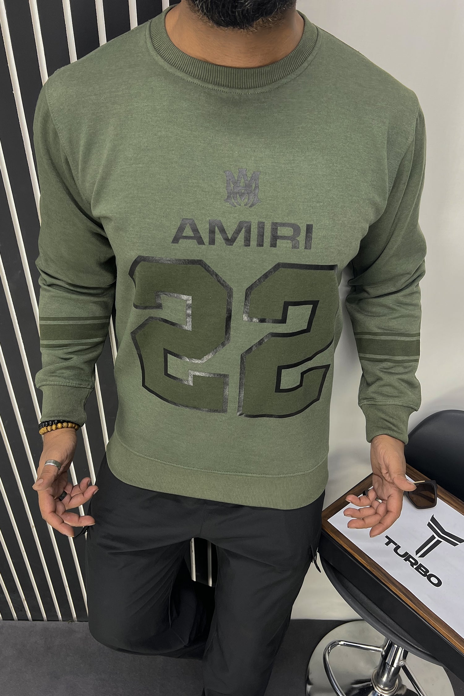 Amri 22 Signature Crew Neck Full Sleeves Men's Sweatshirt In Camo Green