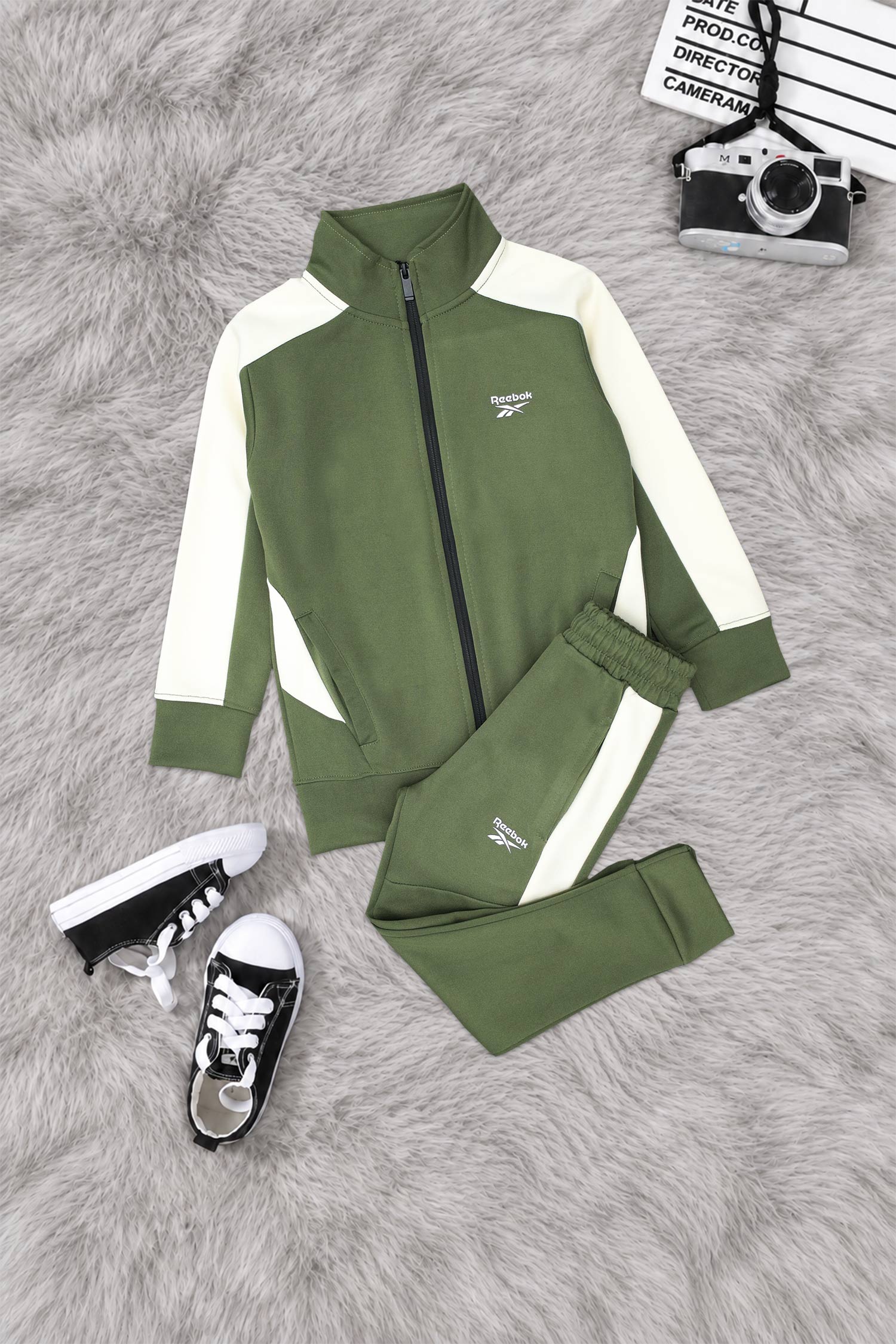 Rebok Tech-Fit Wind Breaker Zipper Kid's Co-Ord Set In Camo Green