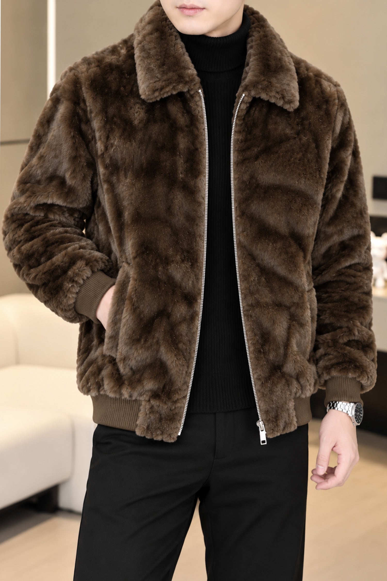 Turbo Luxury Zip-Up Blouson Imported Men's Fur Jacket
