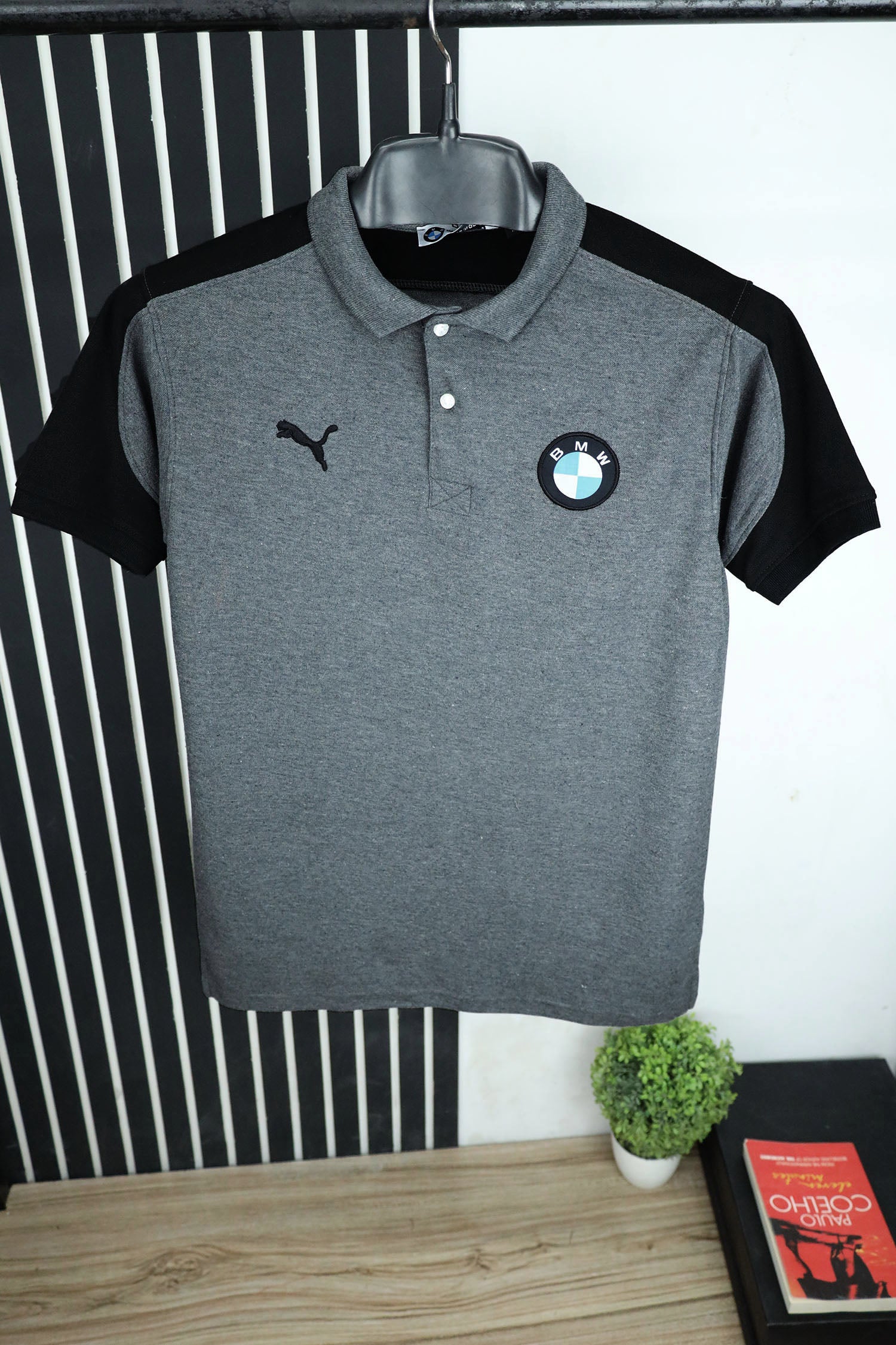 BMW Front Patch Logo Men Polo Shirts In Charcoal