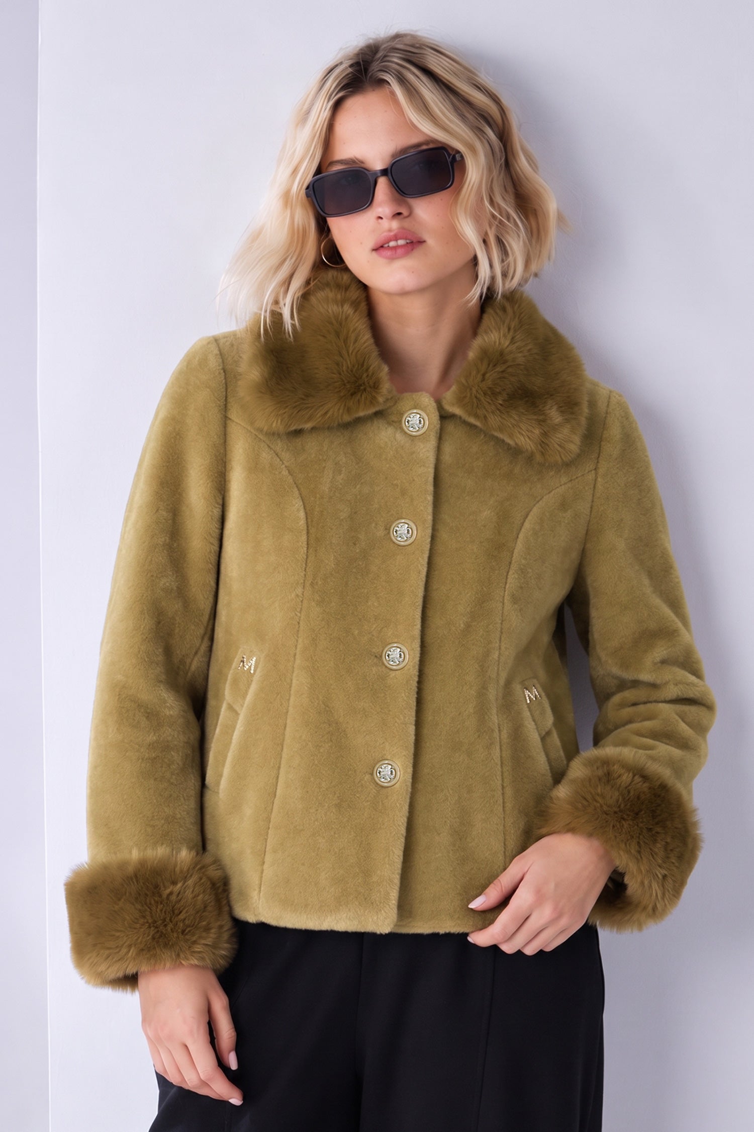 Women Wool-Cashmere Collar Imported Fur Jacket