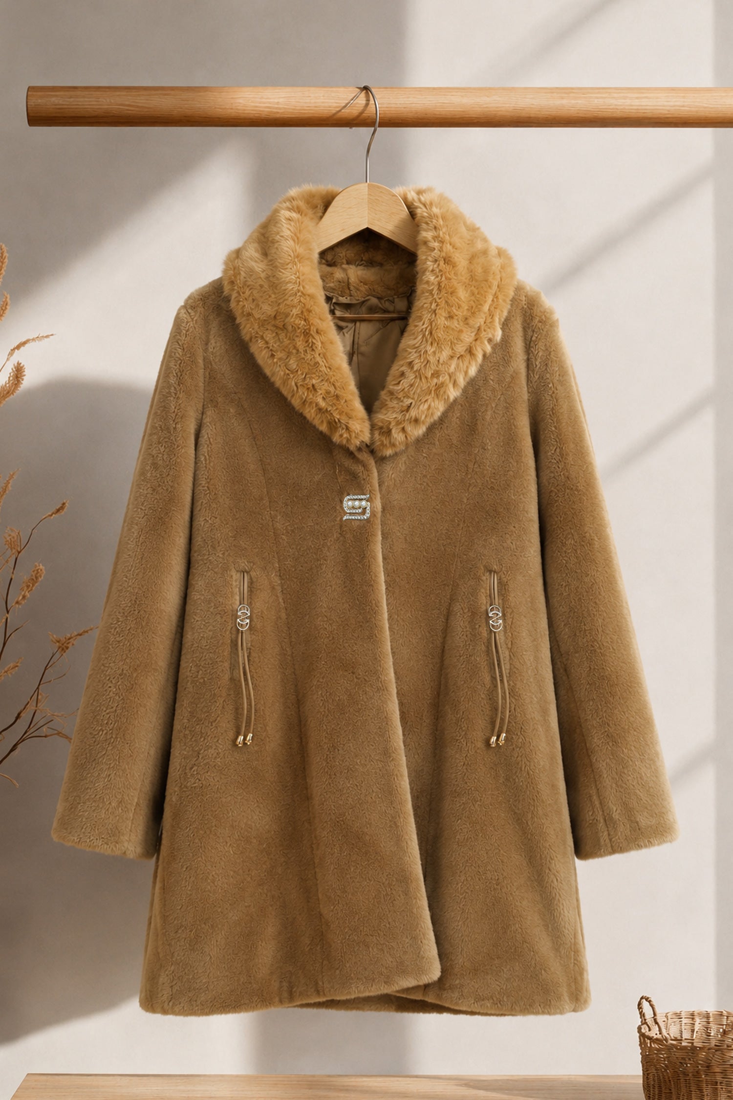 Women's Faux Fur Imp Wool Long Coat In Camel