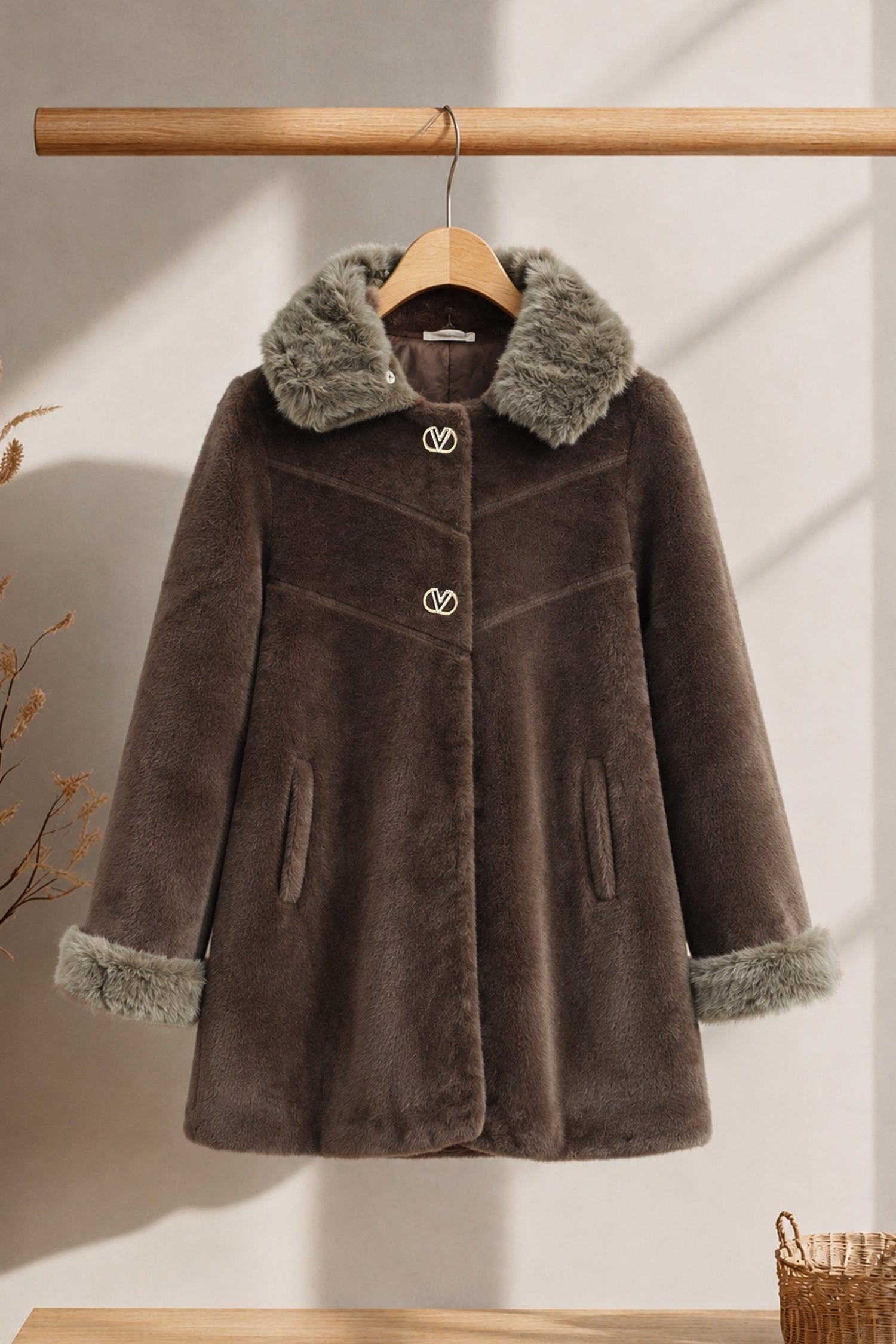 Women's Double Faux Fur Teddy Imp Wool Long Coat In Coffee