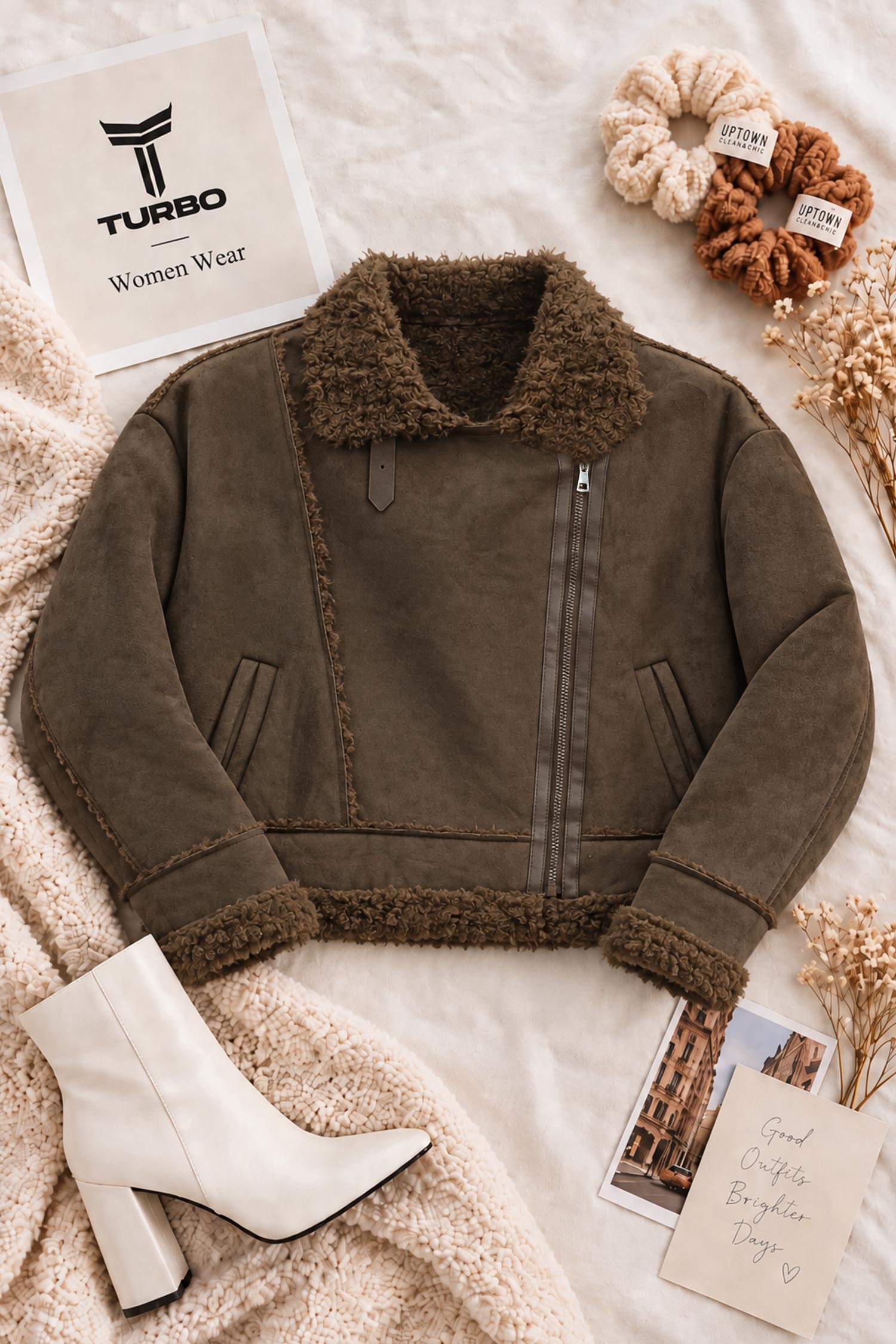 Women Asymmetric Shearling-Lined Imported Suede Jacket In Coffee