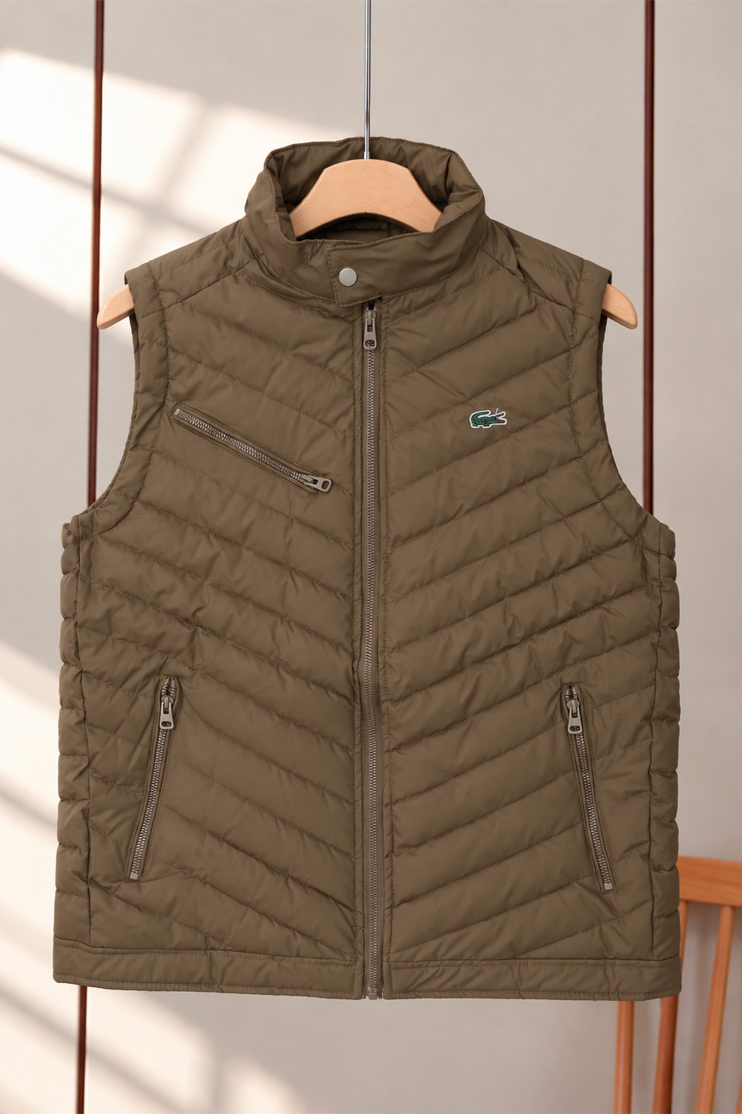 Lcste Chevron Quilted Imported Puffer Men's Gilet In Coffee