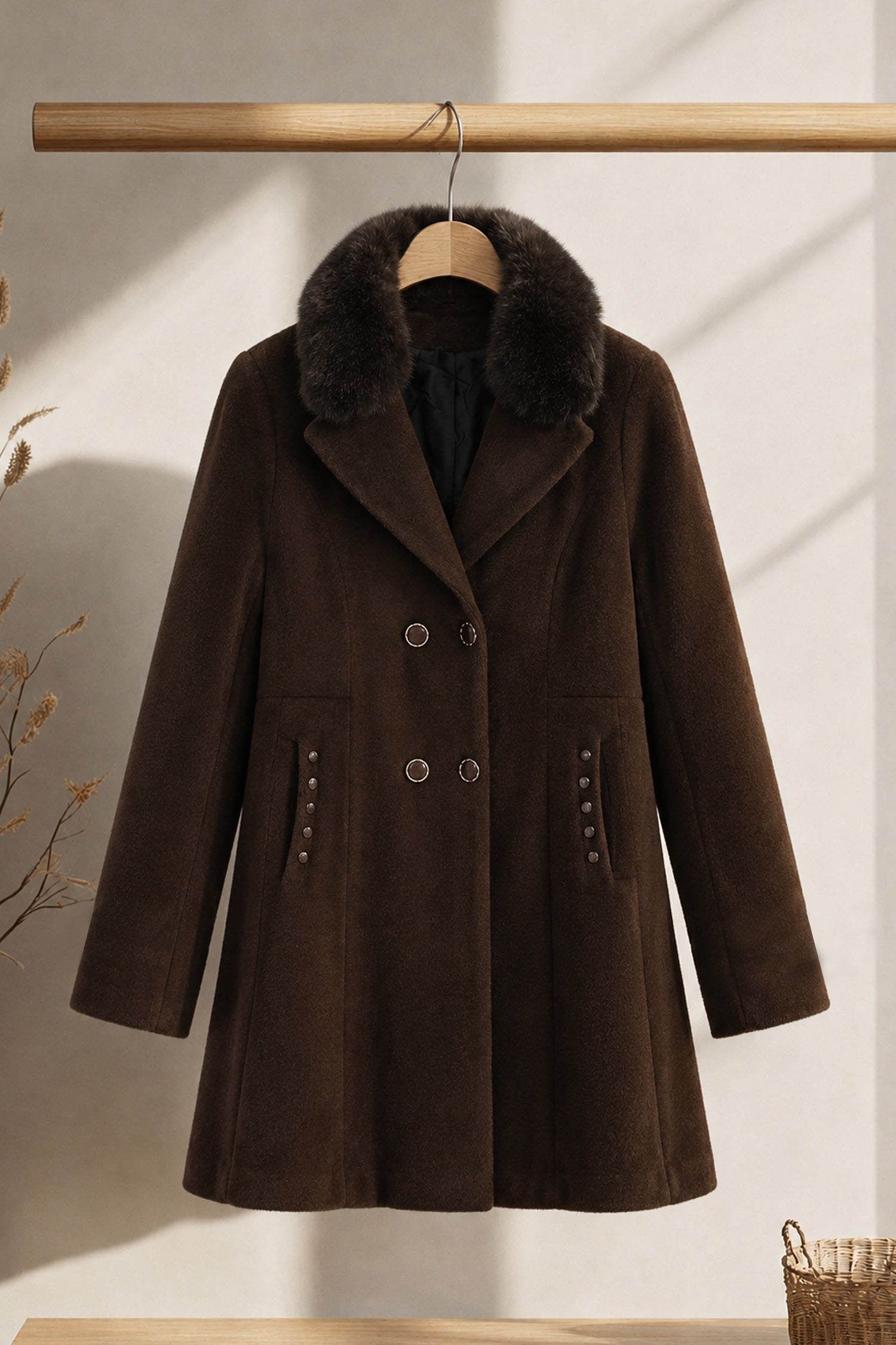 Women's Double-Breasted Design Imp Wool Long Coat In Coffee