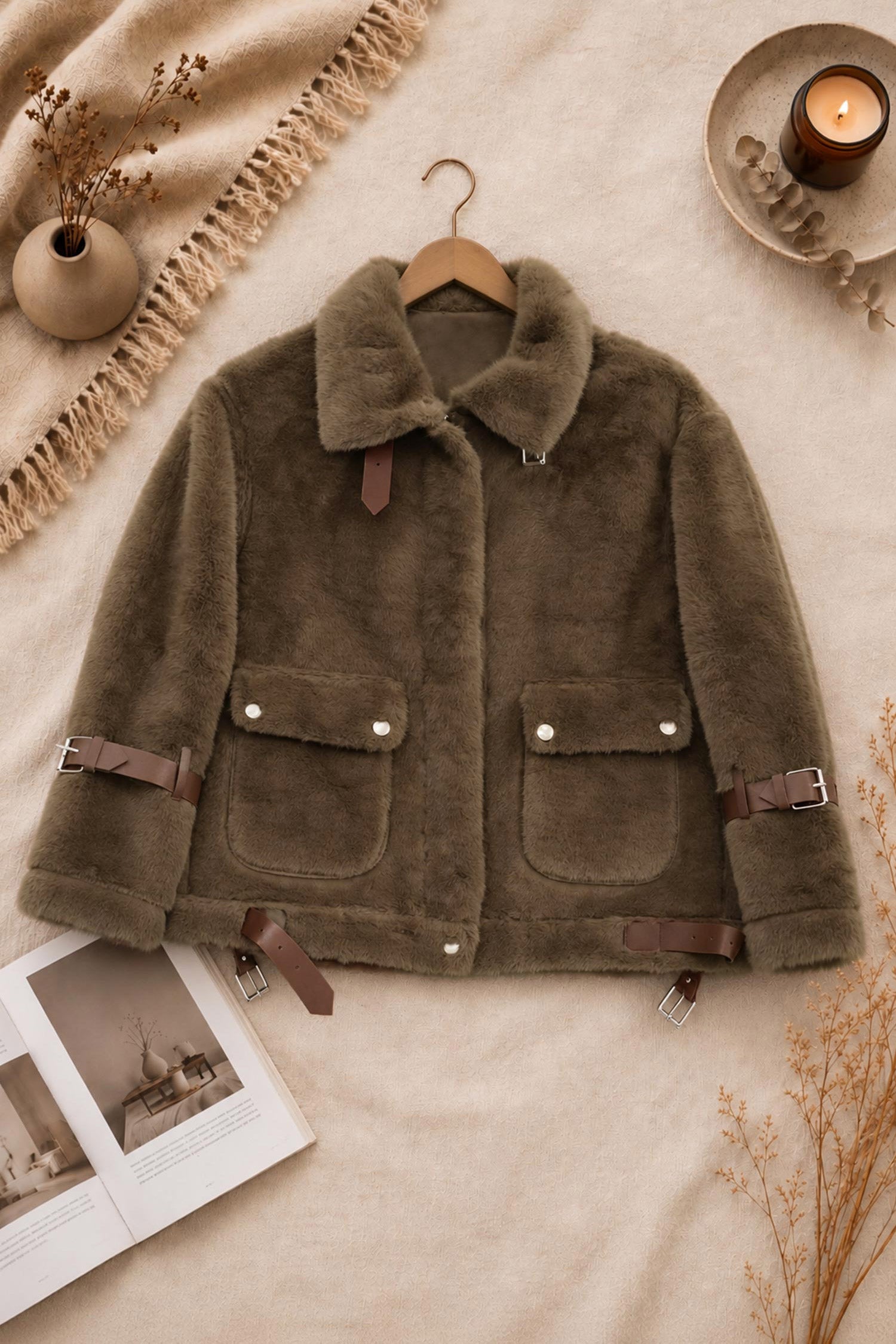 Women Belt Plush Imported Fur Jacket In Coffee