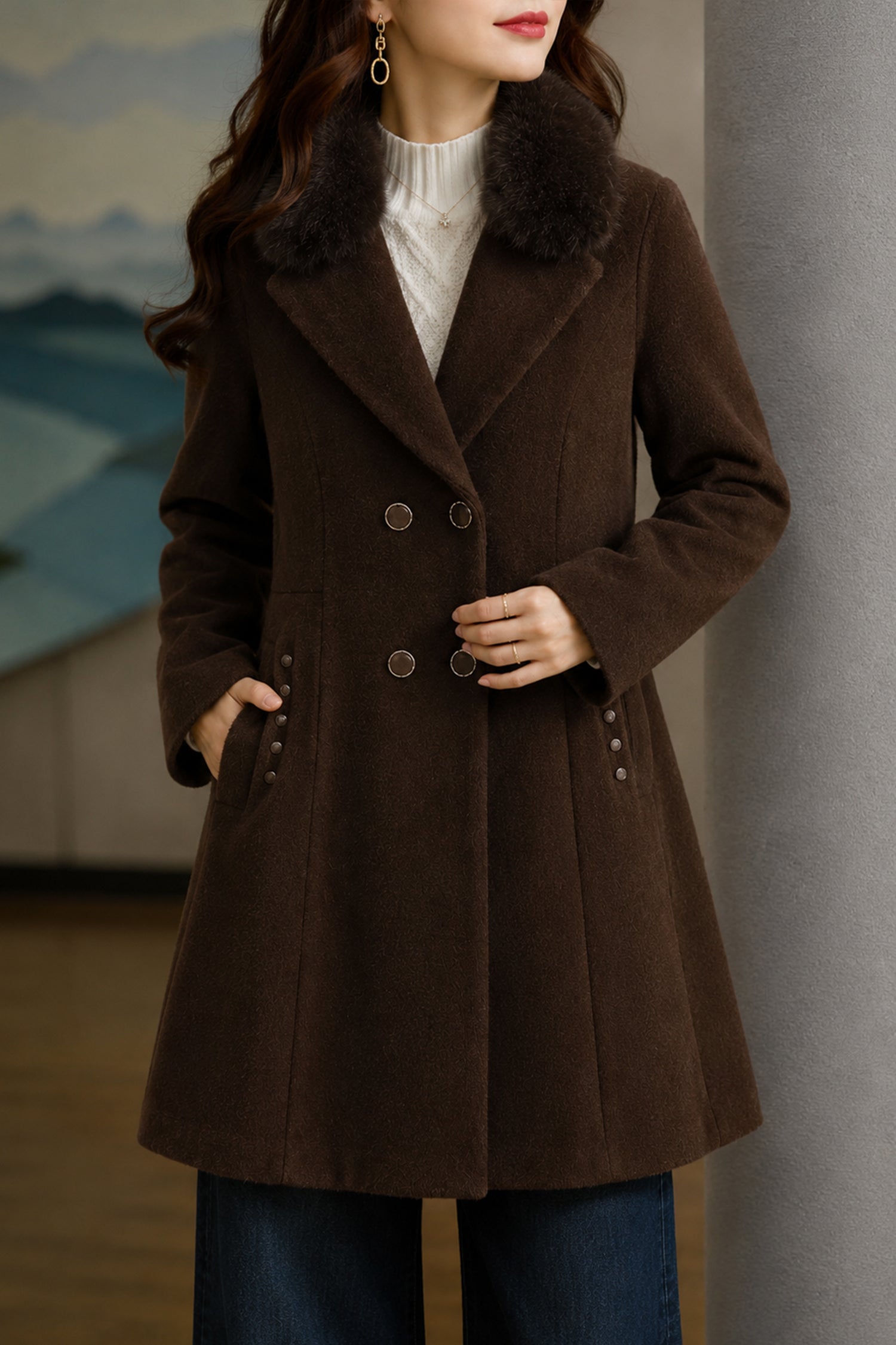 Women's Double-Breasted Design Imp Wool Long Coat In Coffee