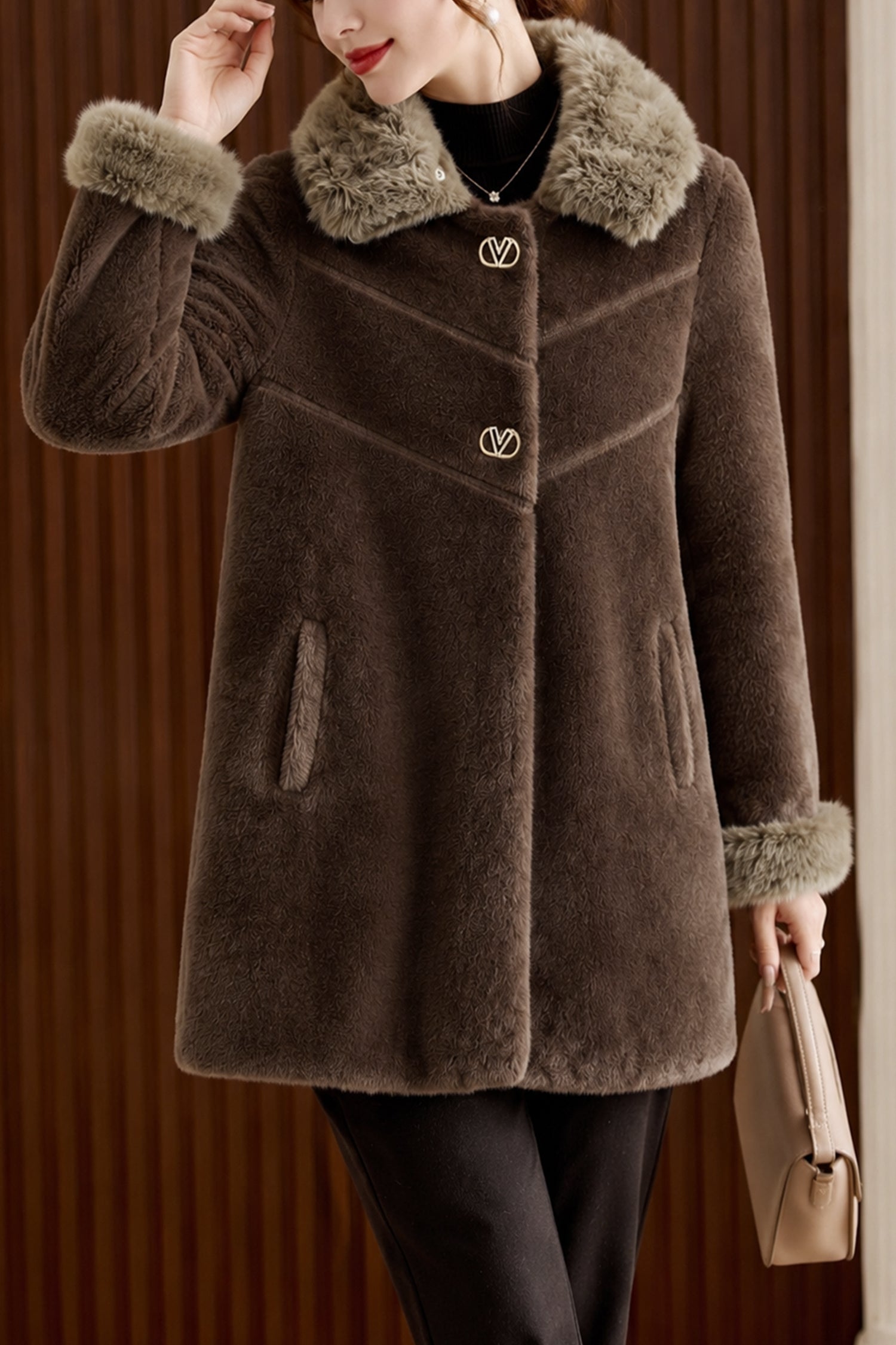 Women's Double Faux Fur Teddy Imp Wool Long Coat In Coffee