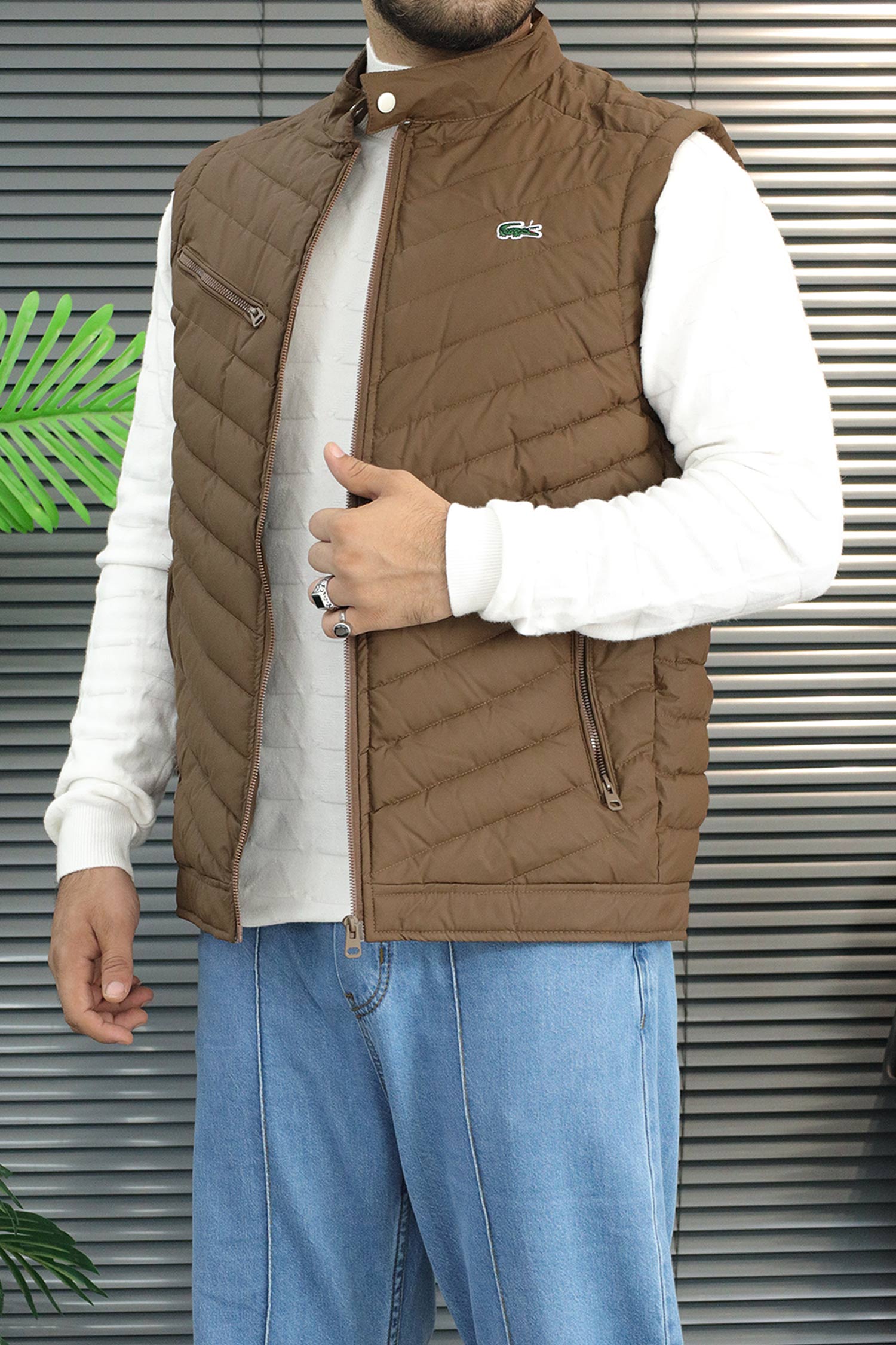 Lcste Chevron Quilted Imported Puffer Men's Gilet In Coffee