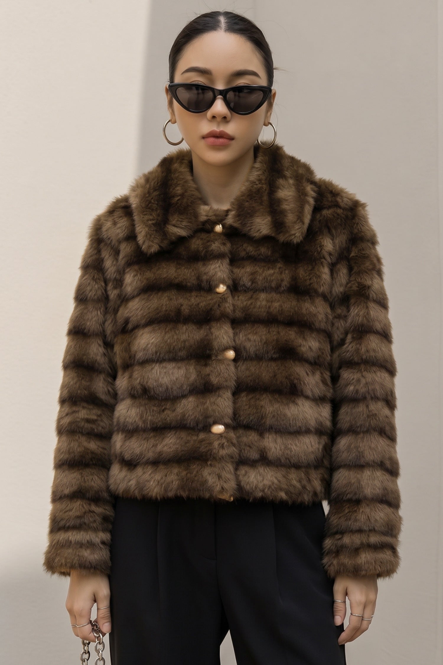Women Button Closure Imported Fur Jacket In Coffee