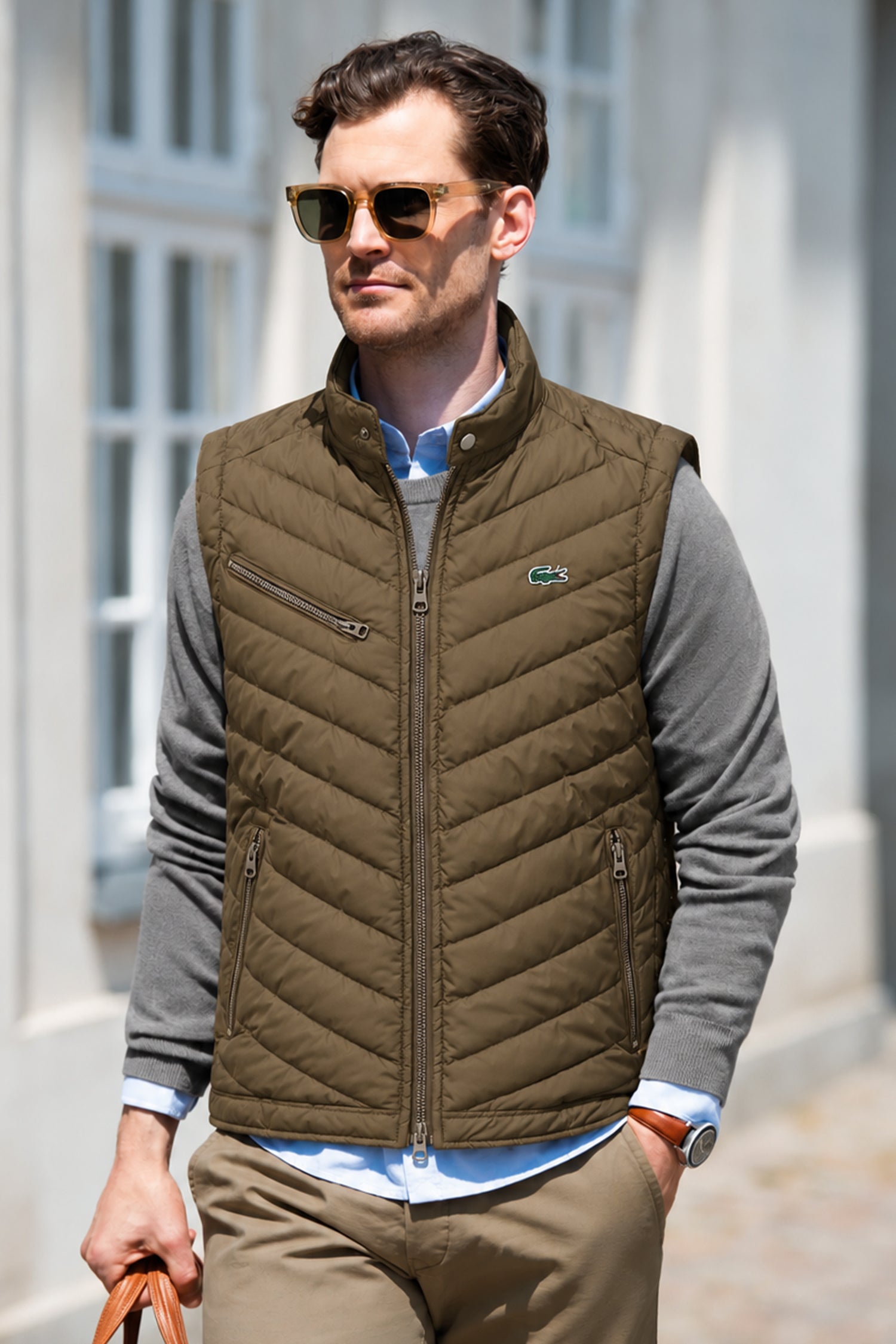 Lcste Chevron Quilted Imported Puffer Men's Gilet In Coffee