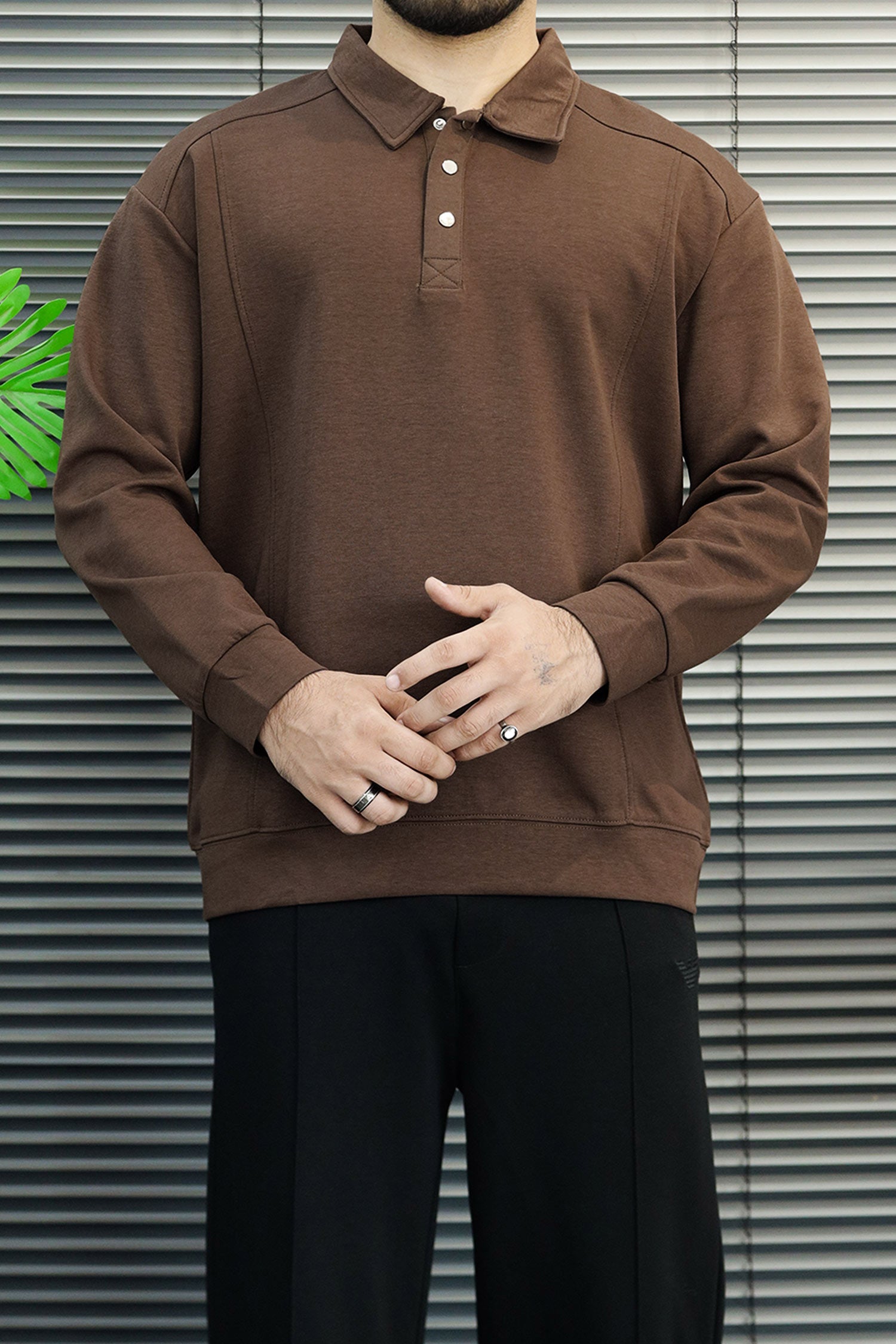 Turbo Minimal Urban Knit-Style Imported Collared Men's Sweatshirt In Coffee
