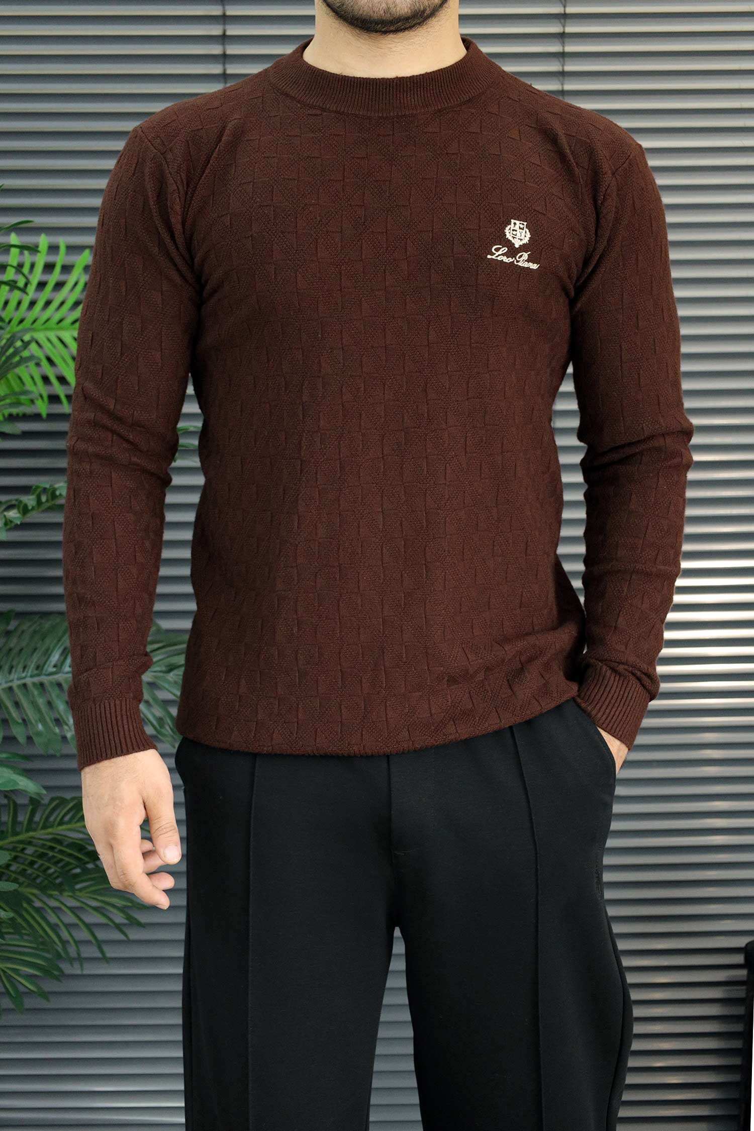Lro Piana Designer Textured Imported Round Neck Men's Sweater