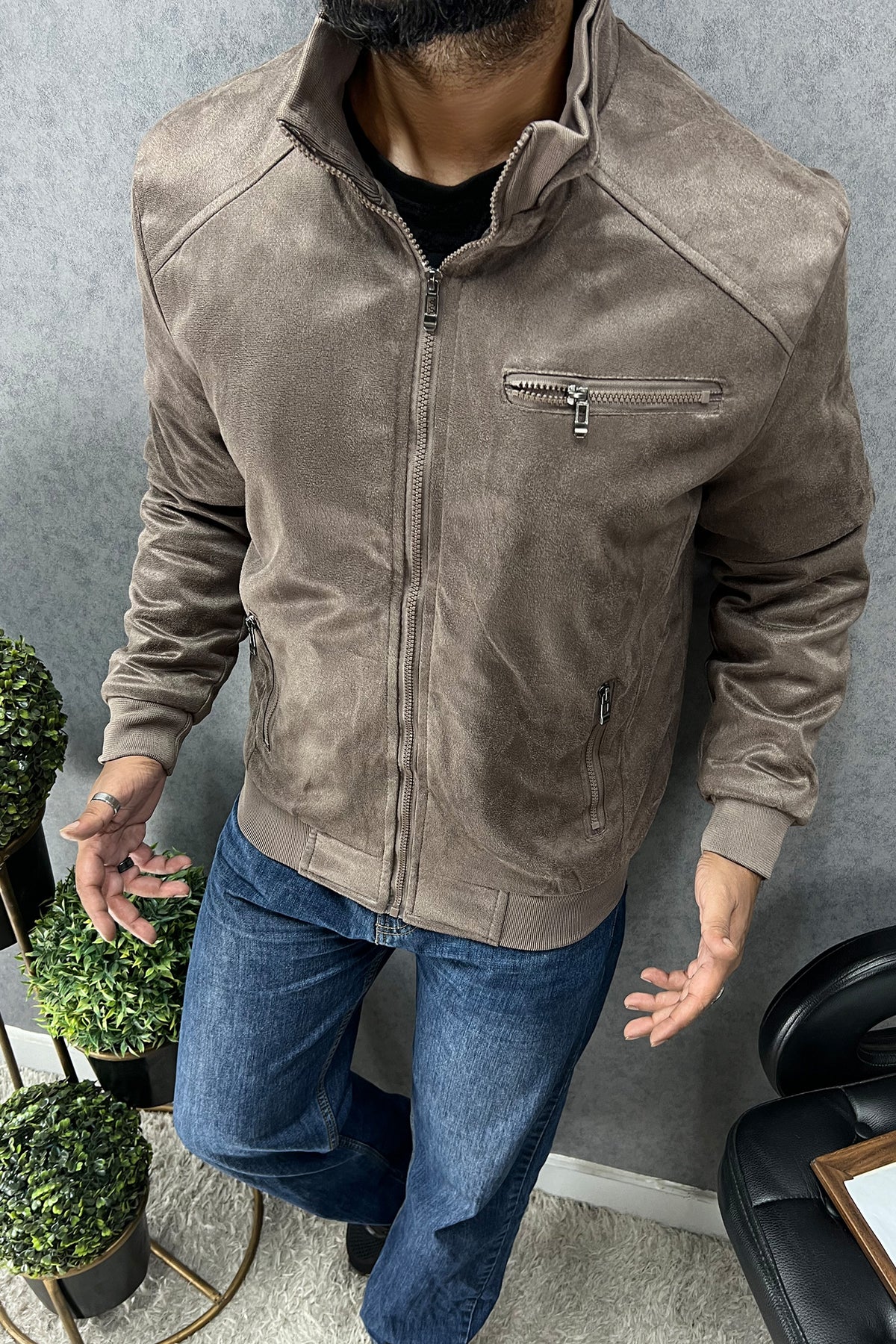 BuckleUp Vintage Zipper Men's Suede Jacket In Coffee