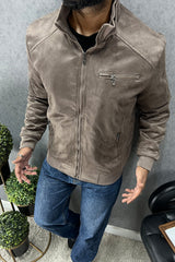 BuckleUp Vintage Zipper Men's Suede Jacket In Coffee