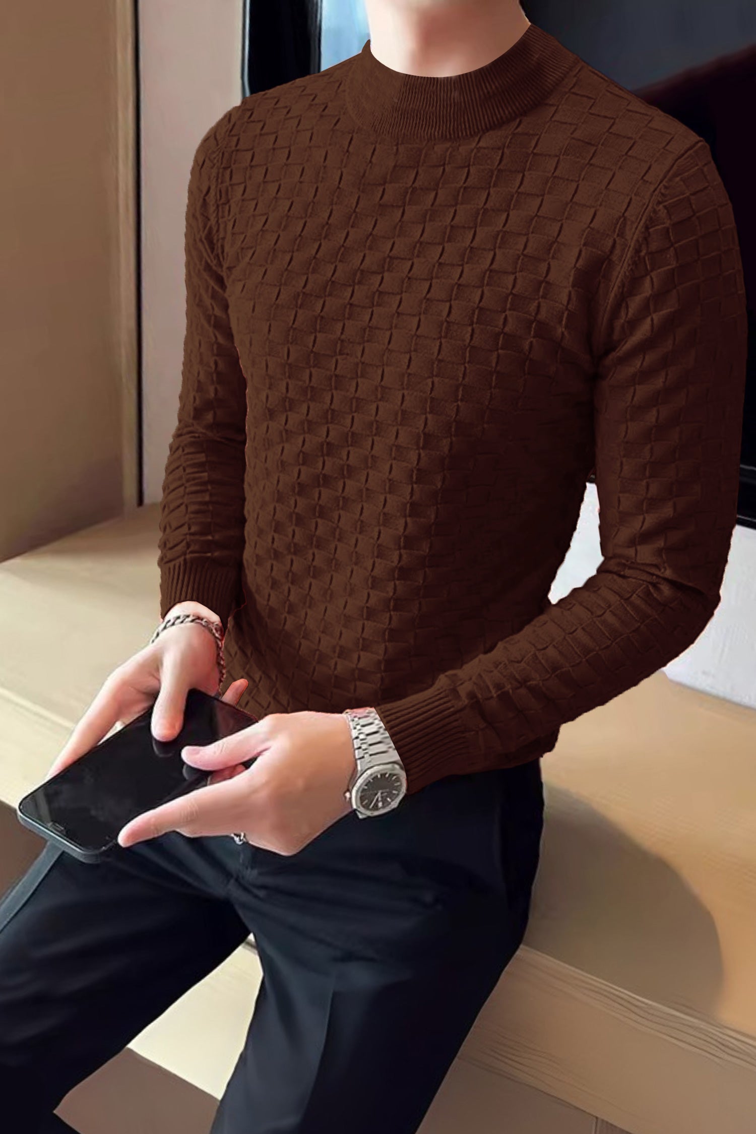 Pullover Waffle Crew-Neck Imported Men's Sweater
