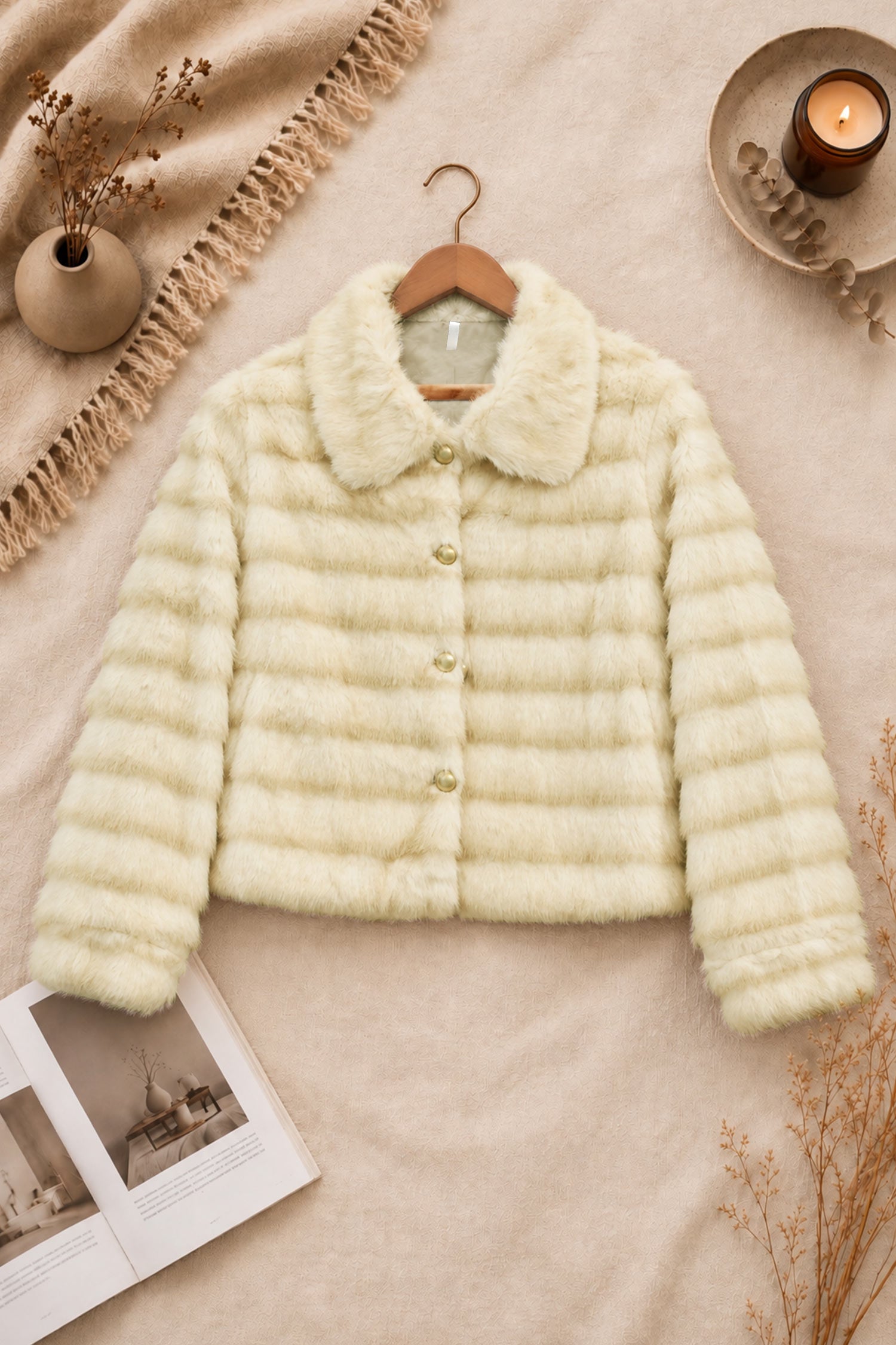 Women Button Closure Imported Fur Jacket In Cream