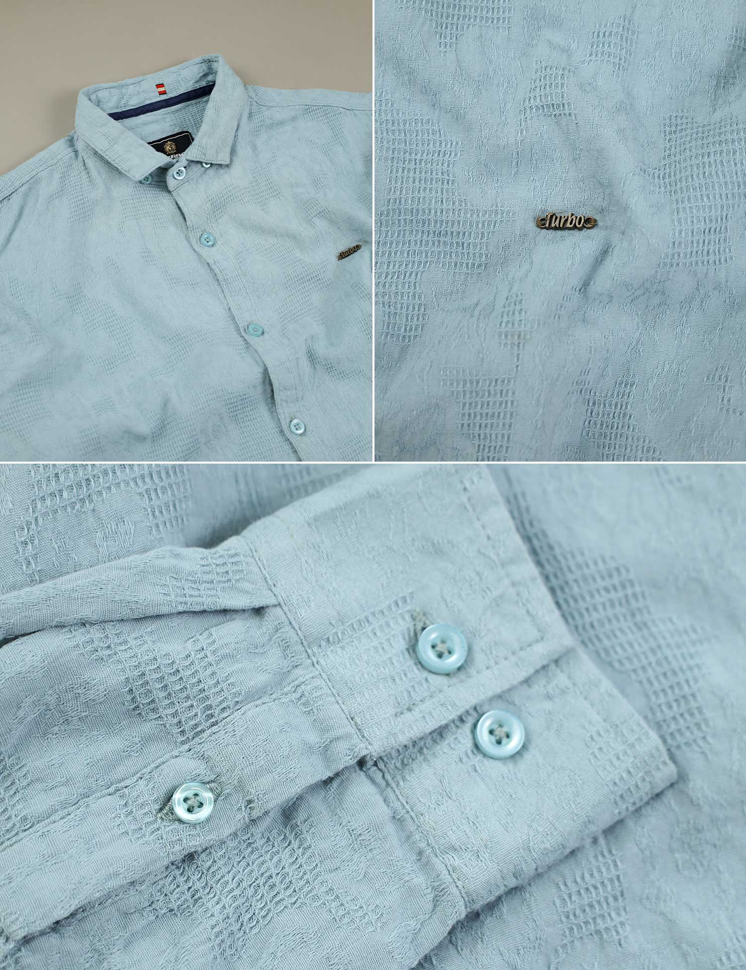 Turbo Vintage Patterend Long Sleeve Cotton Casual Shirt In Cyan
