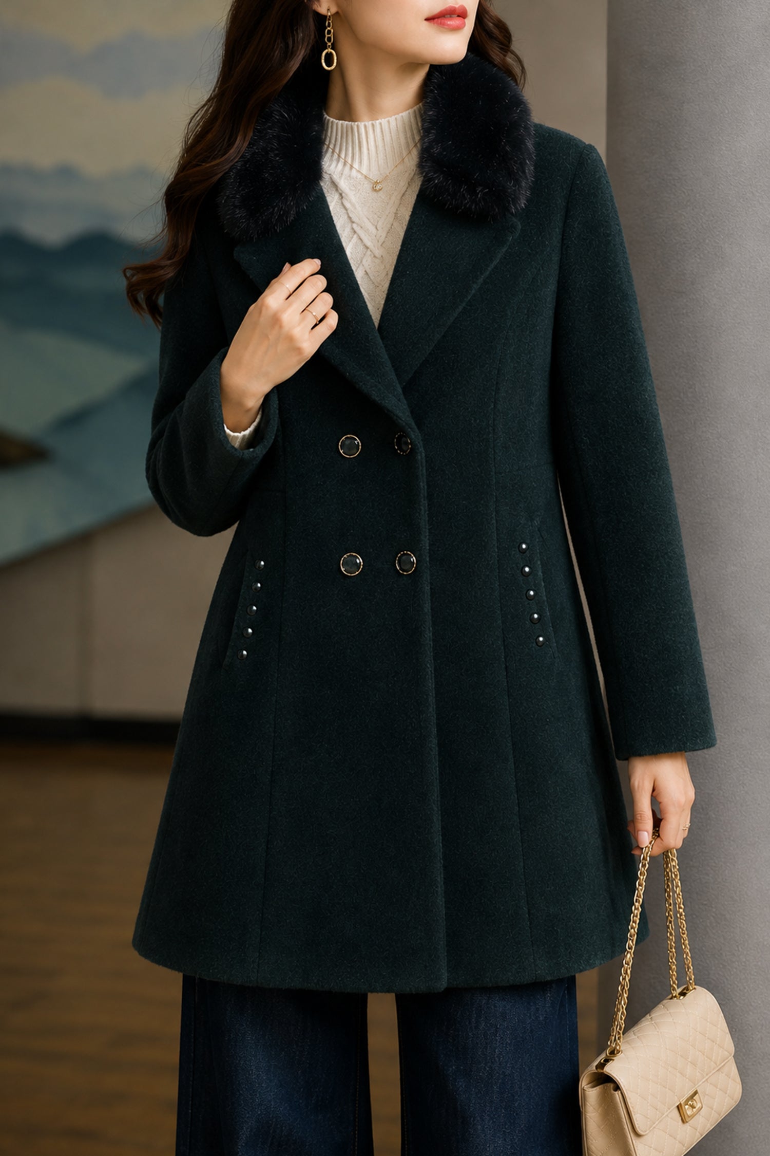 Women's Double-Breasted Design Imp Wool Long Coat In Dark Zink