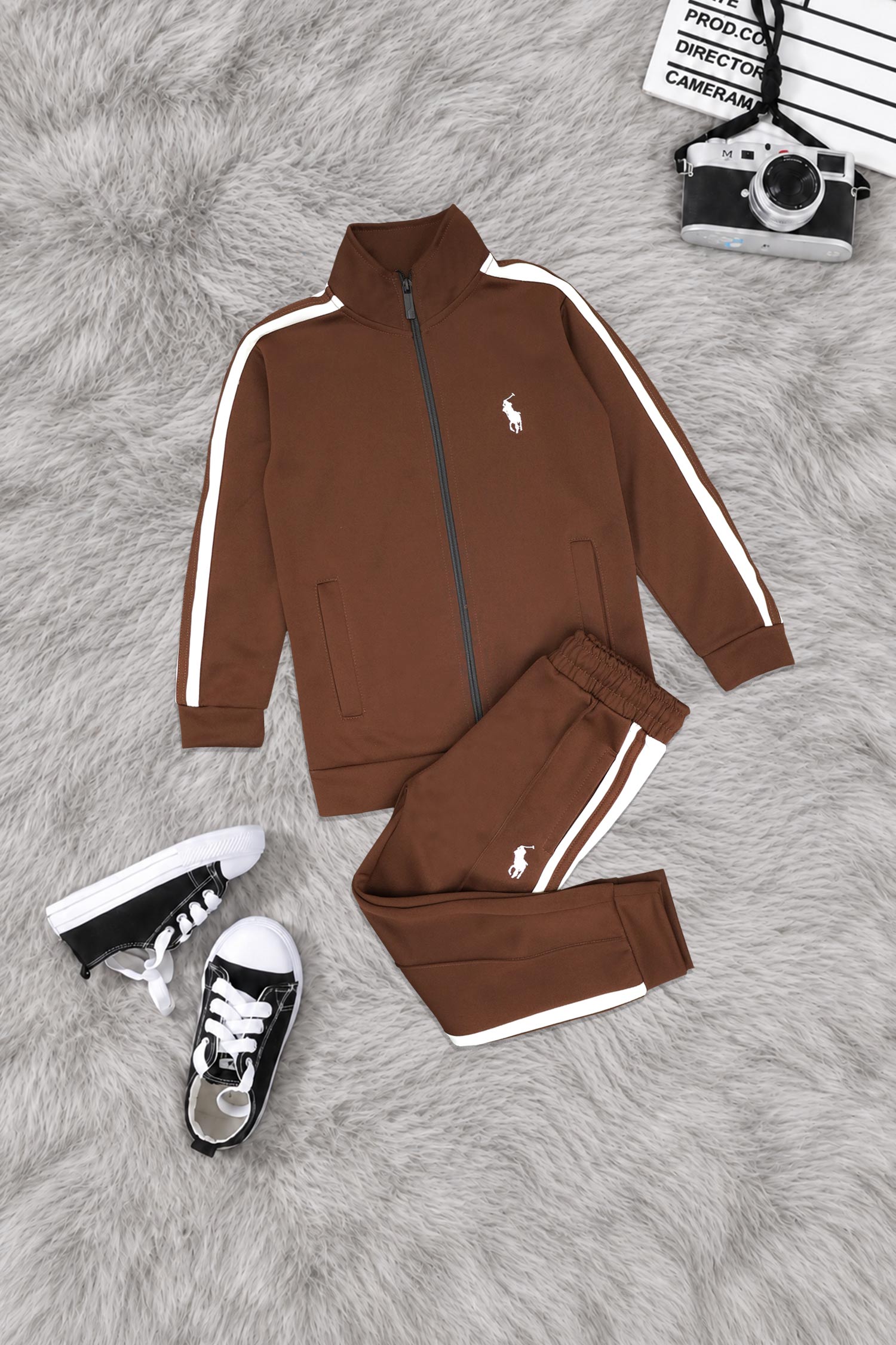 Polo Pony Style Side Stripe Zipper Kid's Co-Ord Set In Dark Brown