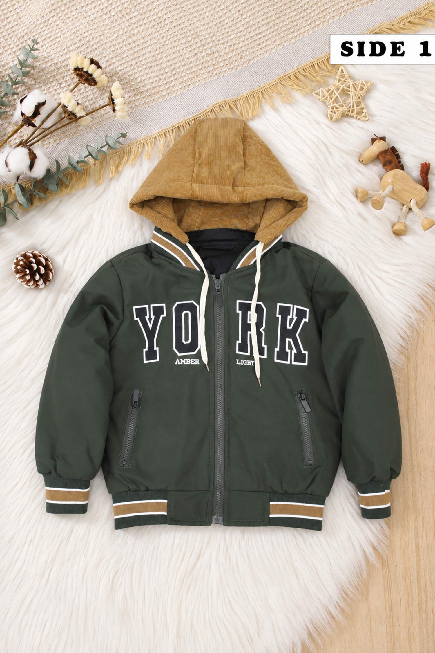 Double-Sided Hooded Insulated Imported Kid's Puffer Jacket In Dark Green