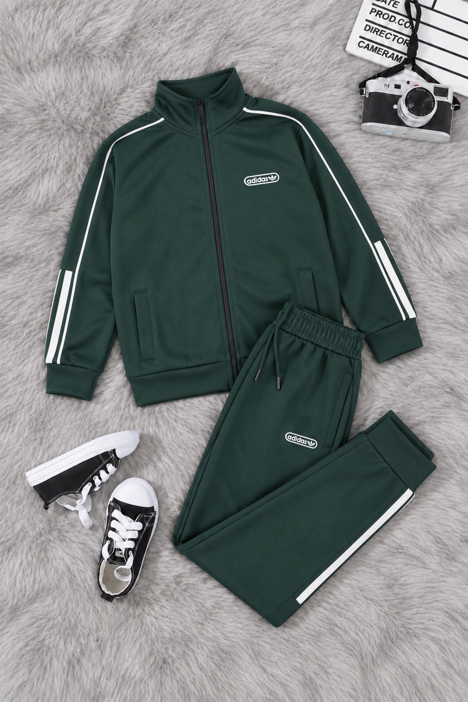 Adds Classic-Retro Lining Zipper Kid's Co-Ord Set In Dark Green