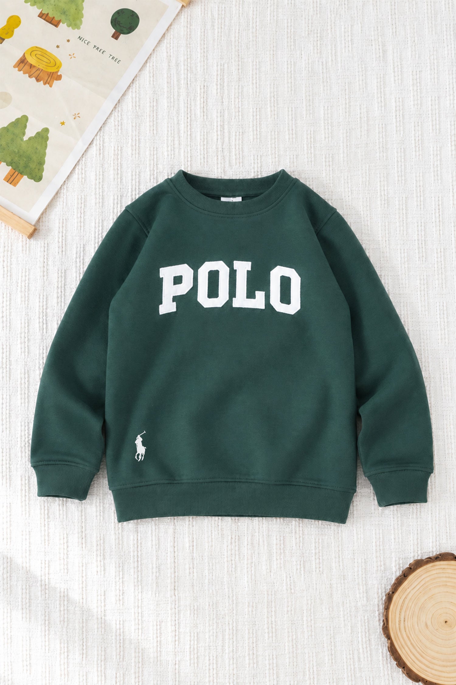Polo Pony Basic Round Neck Kid's Sweatshirt In Dark Green