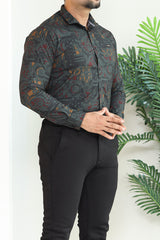 Turbo Retro Flower Motif Long Sleeve Cotton Casual Shirt In Dark Green