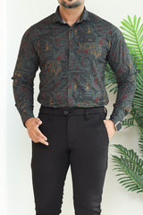 Turbo Retro Flower Motif Long Sleeve Cotton Casual Shirt In Dark Green