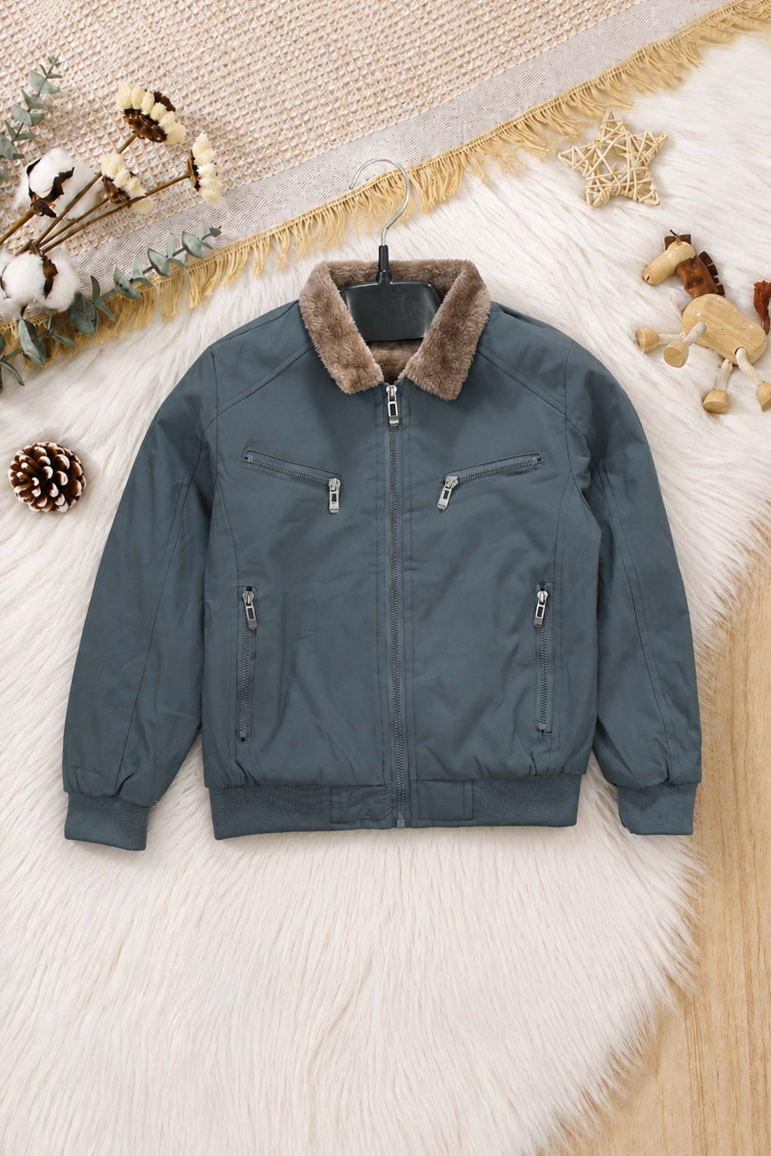 Fur Collar Imported Kid's Puffer Jacket In Dark Grey