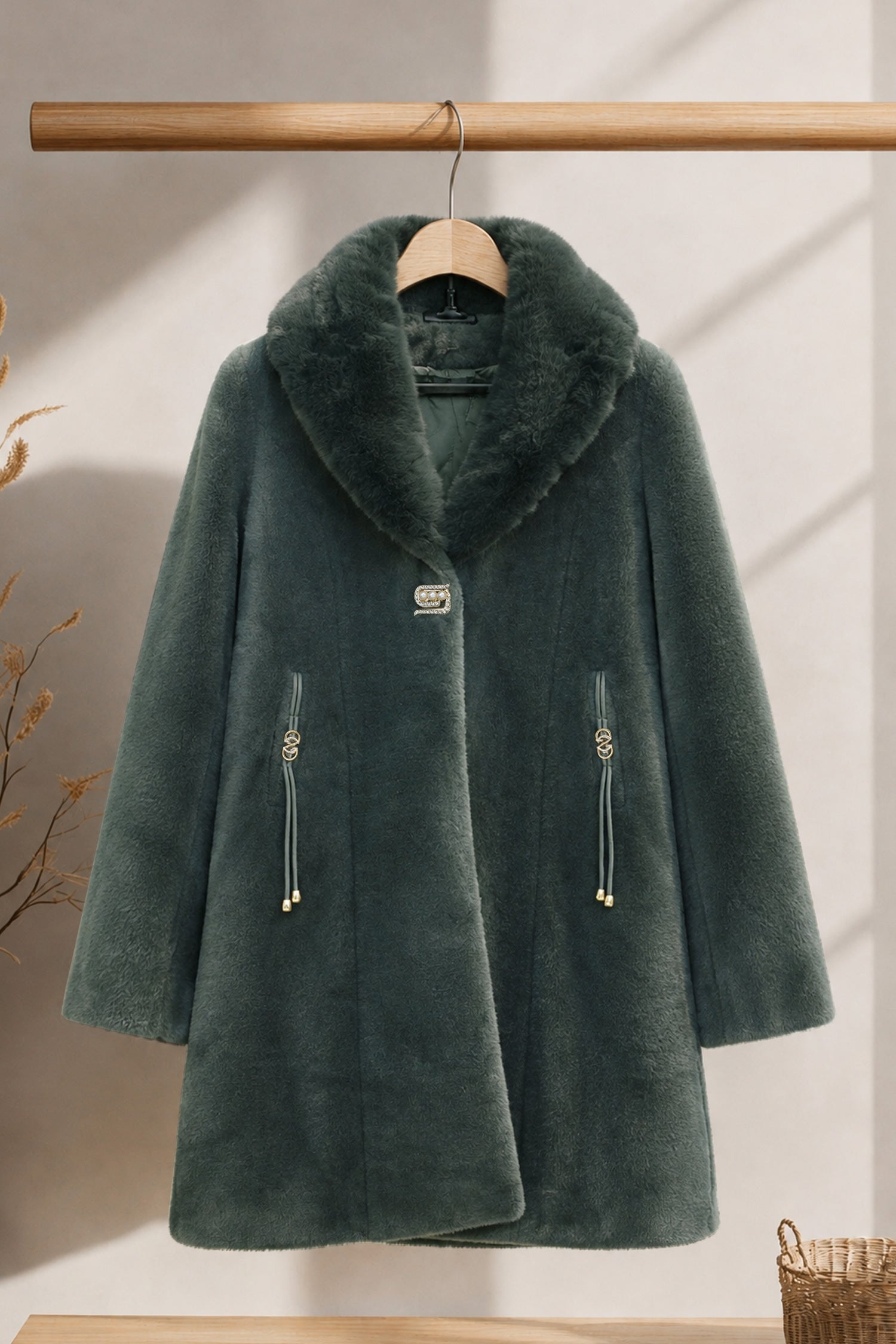 Women's Faux Fur Imp Wool Long Coat In Dark Grey