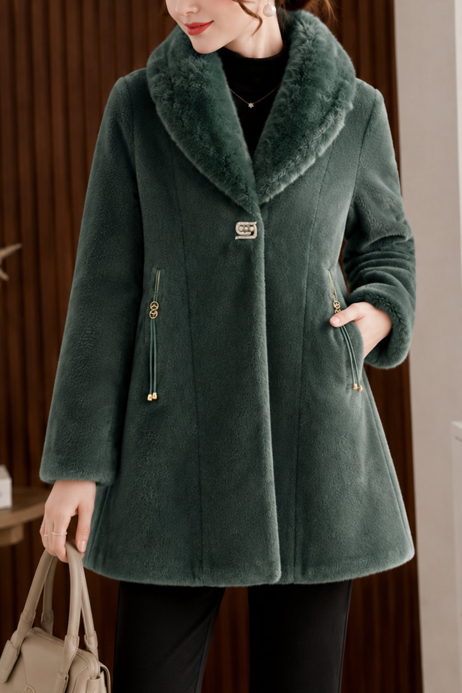 Women's Faux Fur Imp Wool Long Coat In Dark Grey