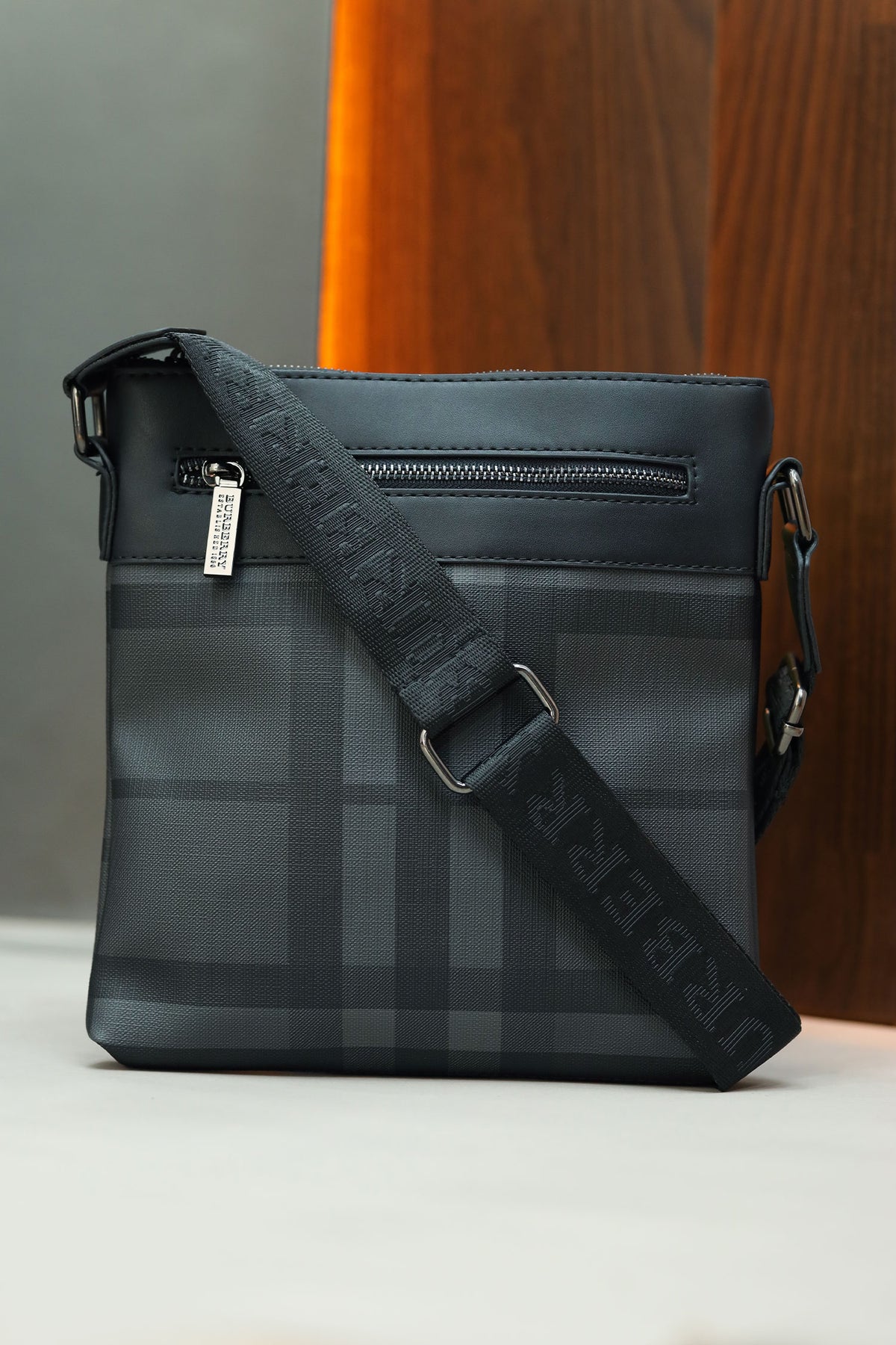 Burbrry Signature Print PU Leather Cross Body Bag in Dark Grey