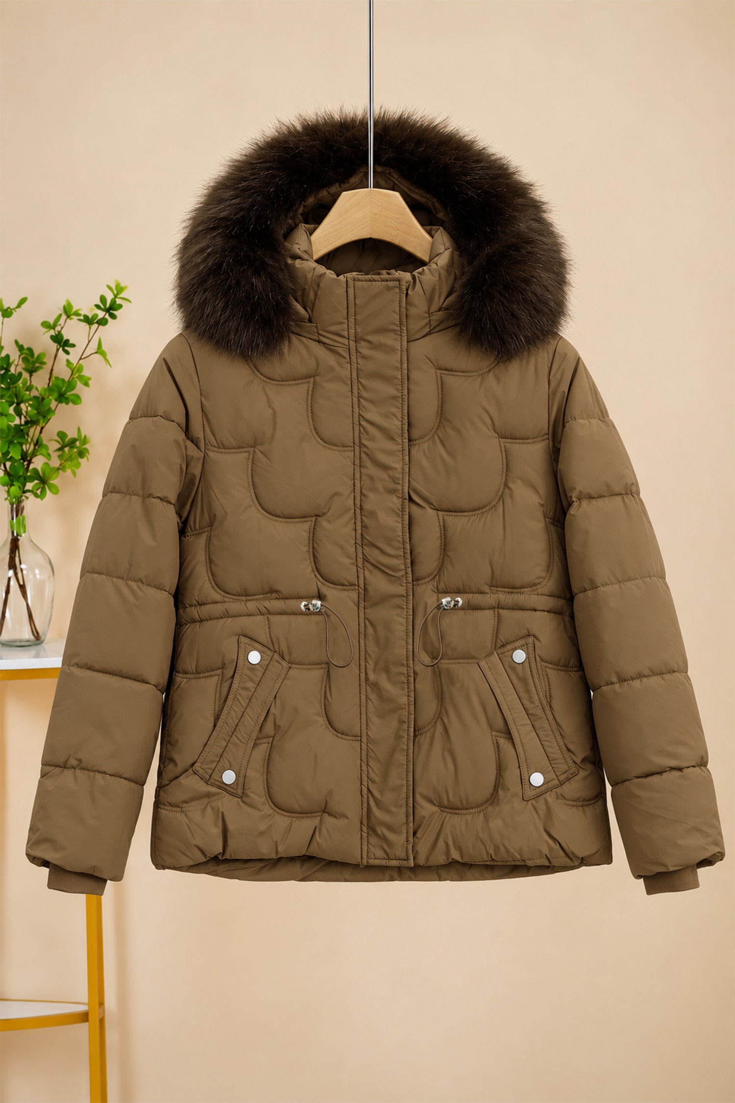 Women Scallop-Patterned Detachable Arm & Hood Imported Puffer Jacket In Dark Camel