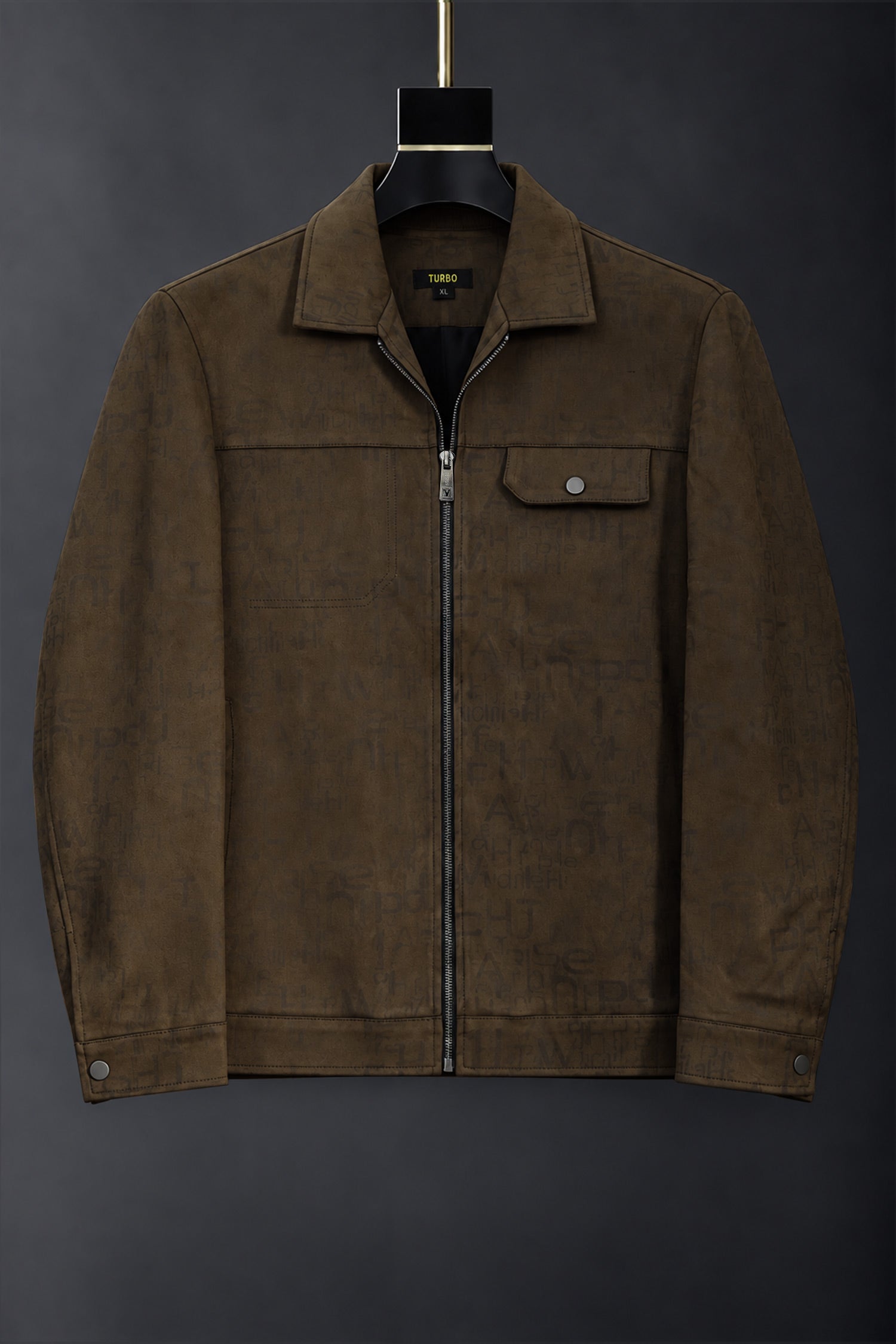 All Over Alphabetic Self Patterned Imported Men's Suede Wool Jacket In Dark Camel