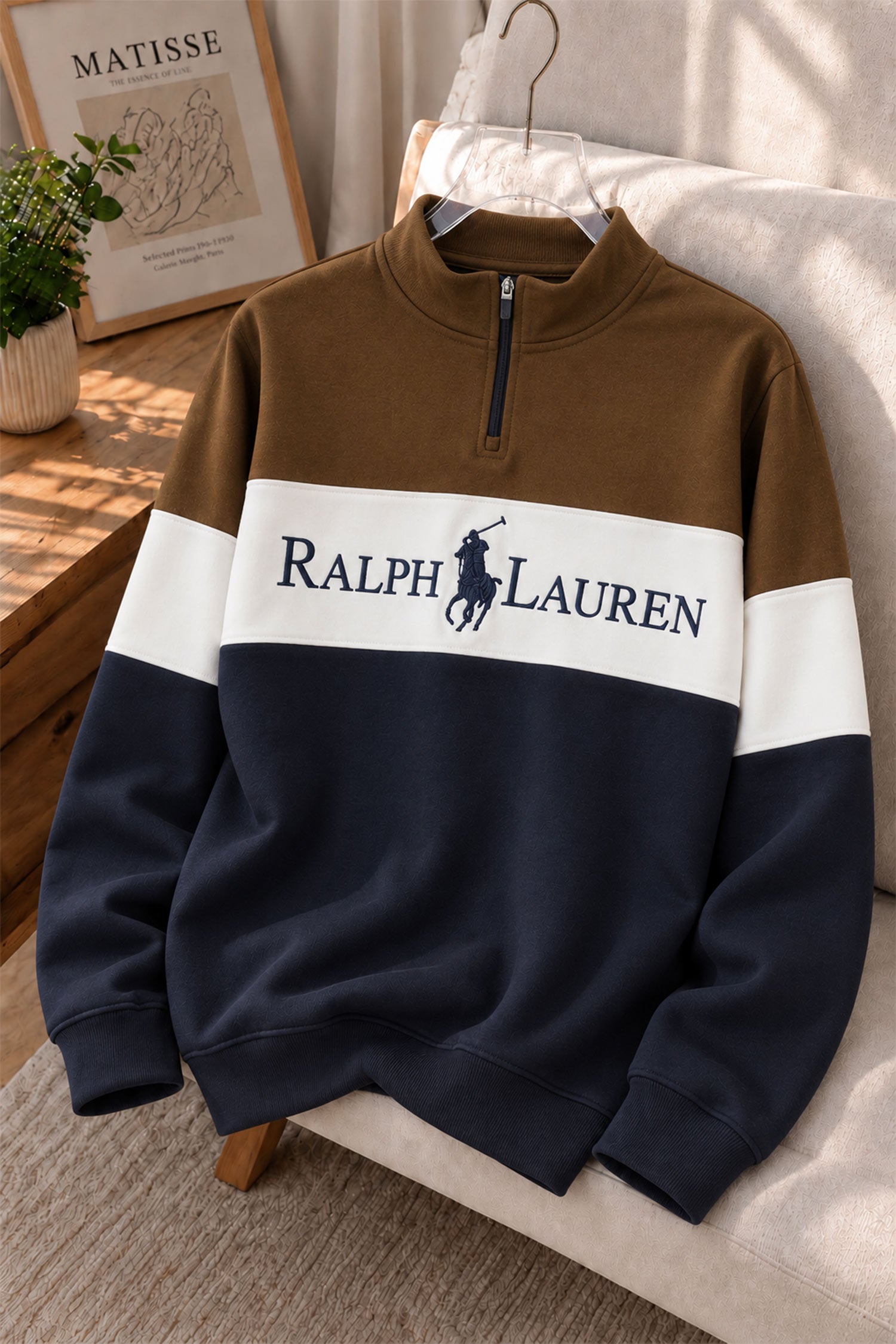 Plo Rph Lren Heritage Mock-Neck Zip Style Men's Sweatshirt In Dark Camel