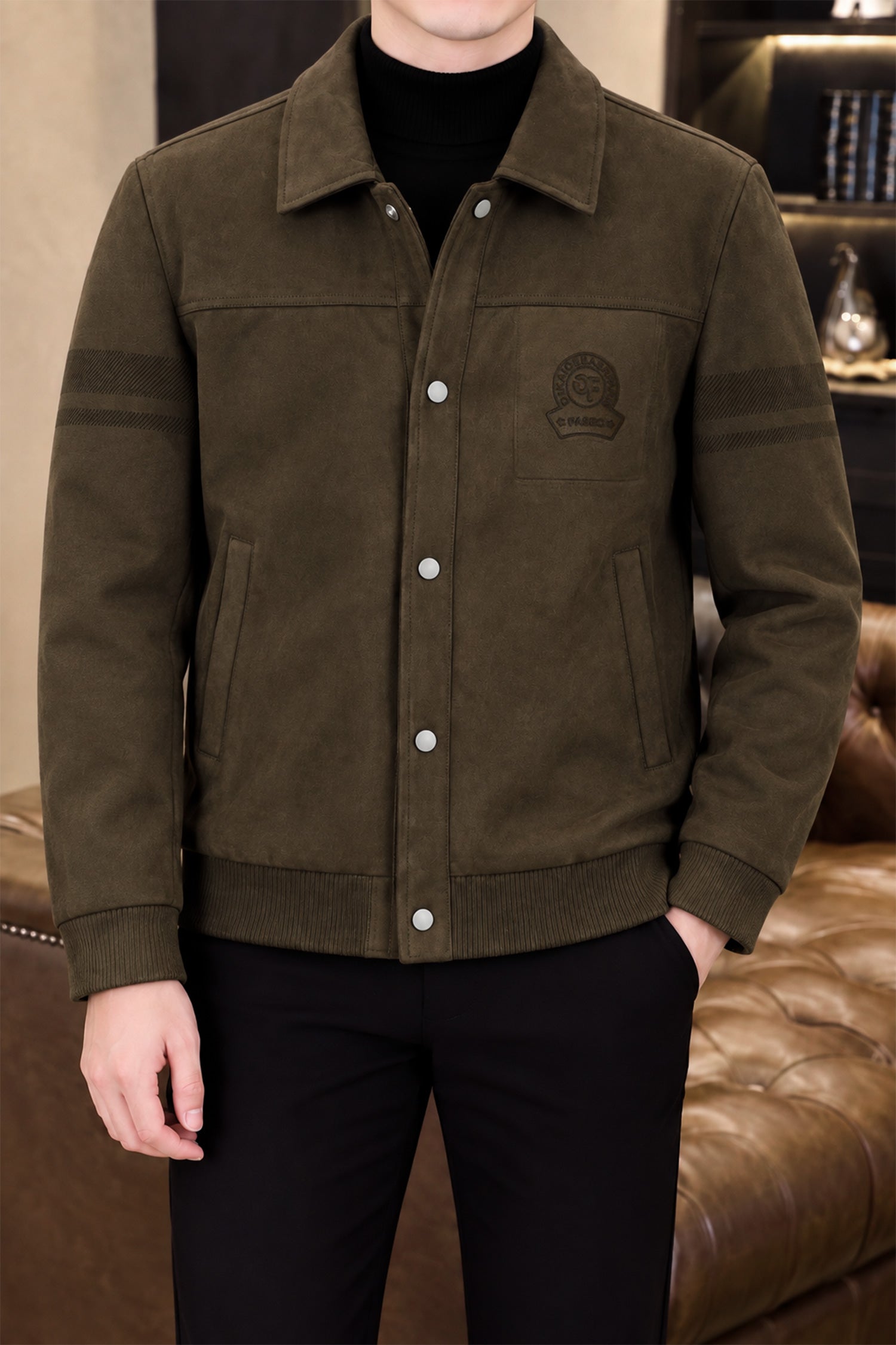 Casual Wadded Patch Imported Men's Suede Wool Jacket In Dark Camel