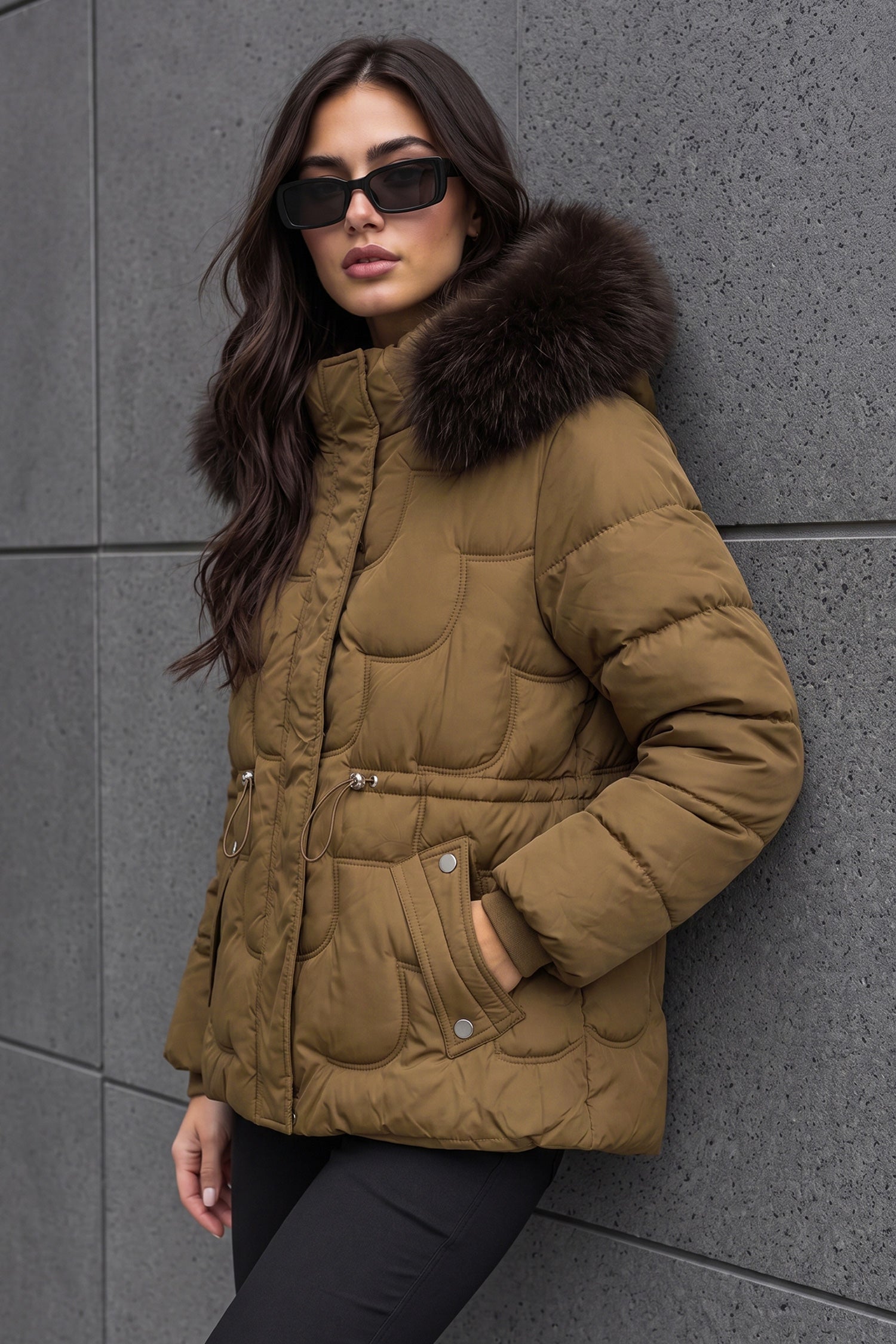 Women Scallop-Patterned Detachable Arm & Hood Imported Puffer Jacket In Dark Camel