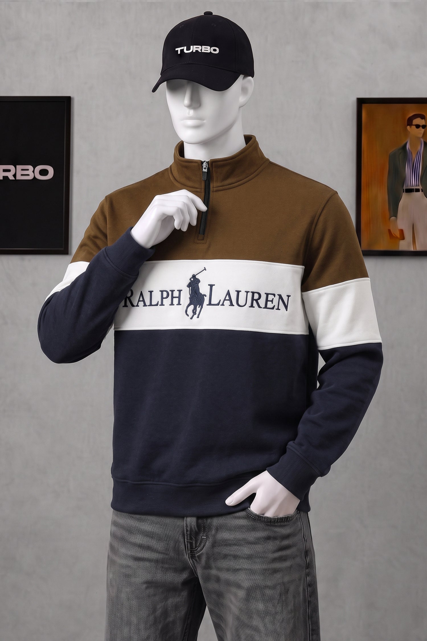 Plo Rph Lren Heritage Mock-Neck Zip Style Men's Sweatshirt In Dark Camel