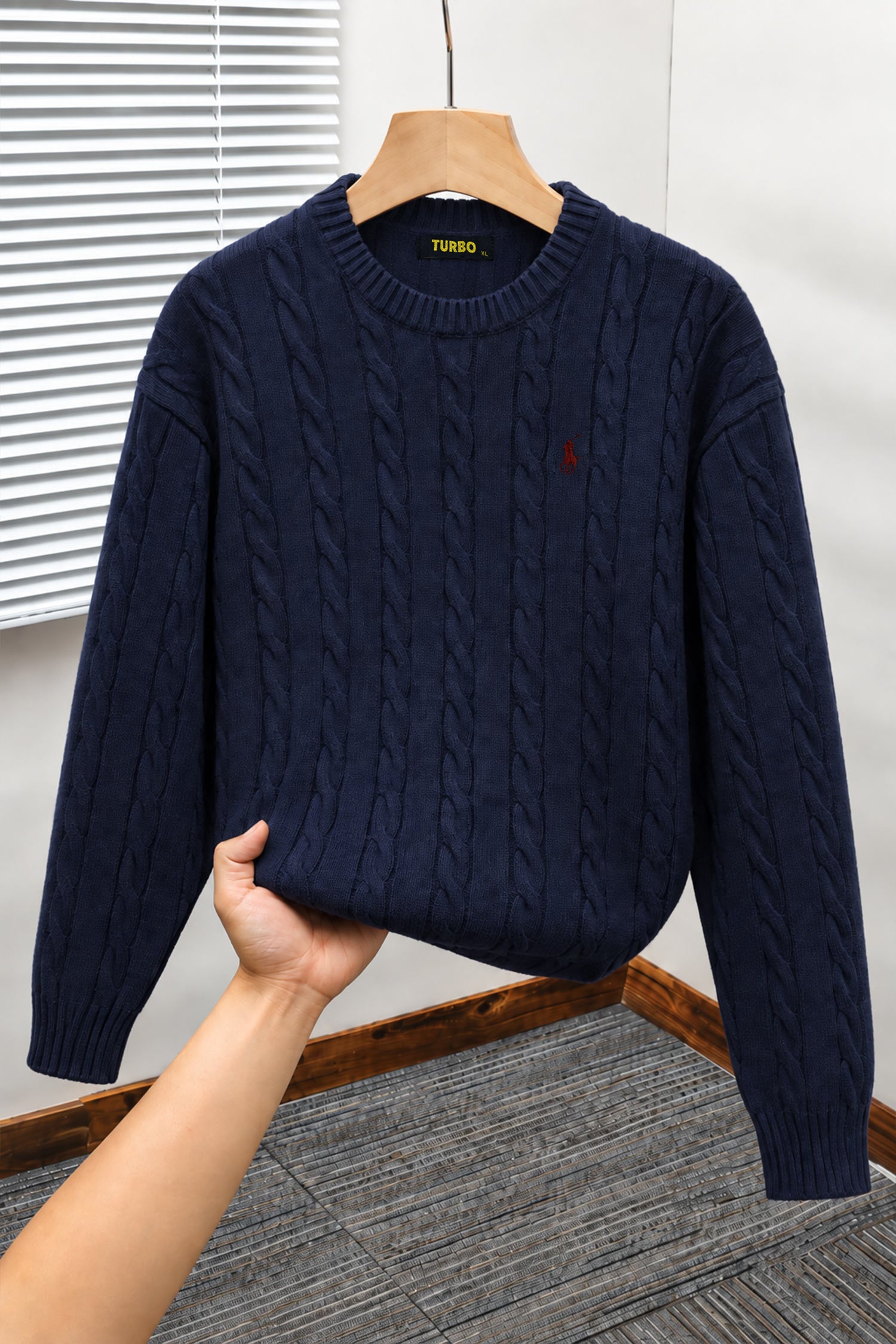 Turbo x Polo Braided Old Money Pattern Imported Men's Sweater In Dark Navy