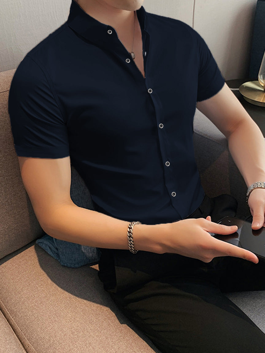 Self Textured Slim Fit Elastic Shirt