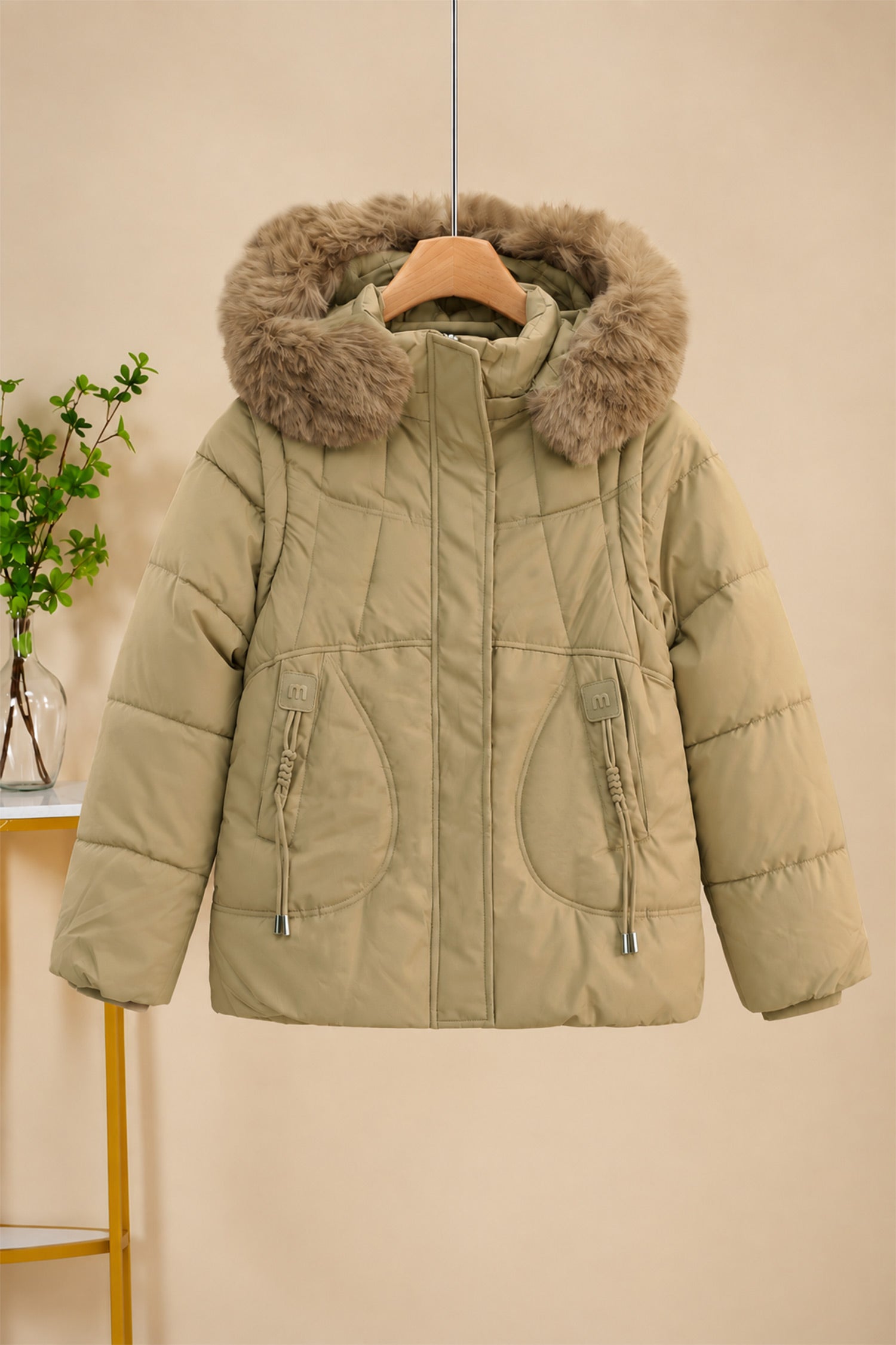 Women Quilted Detachable Arm & Hood Imported Puffer Jacket In Dark Skin